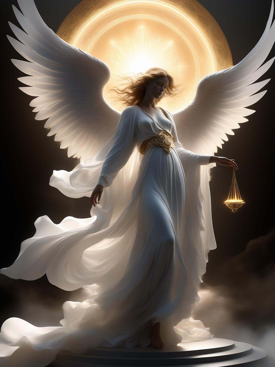 the angel of death,  (Cloaked in flowing,  ethereal robes that shift like twilight mist on Tensor.Art