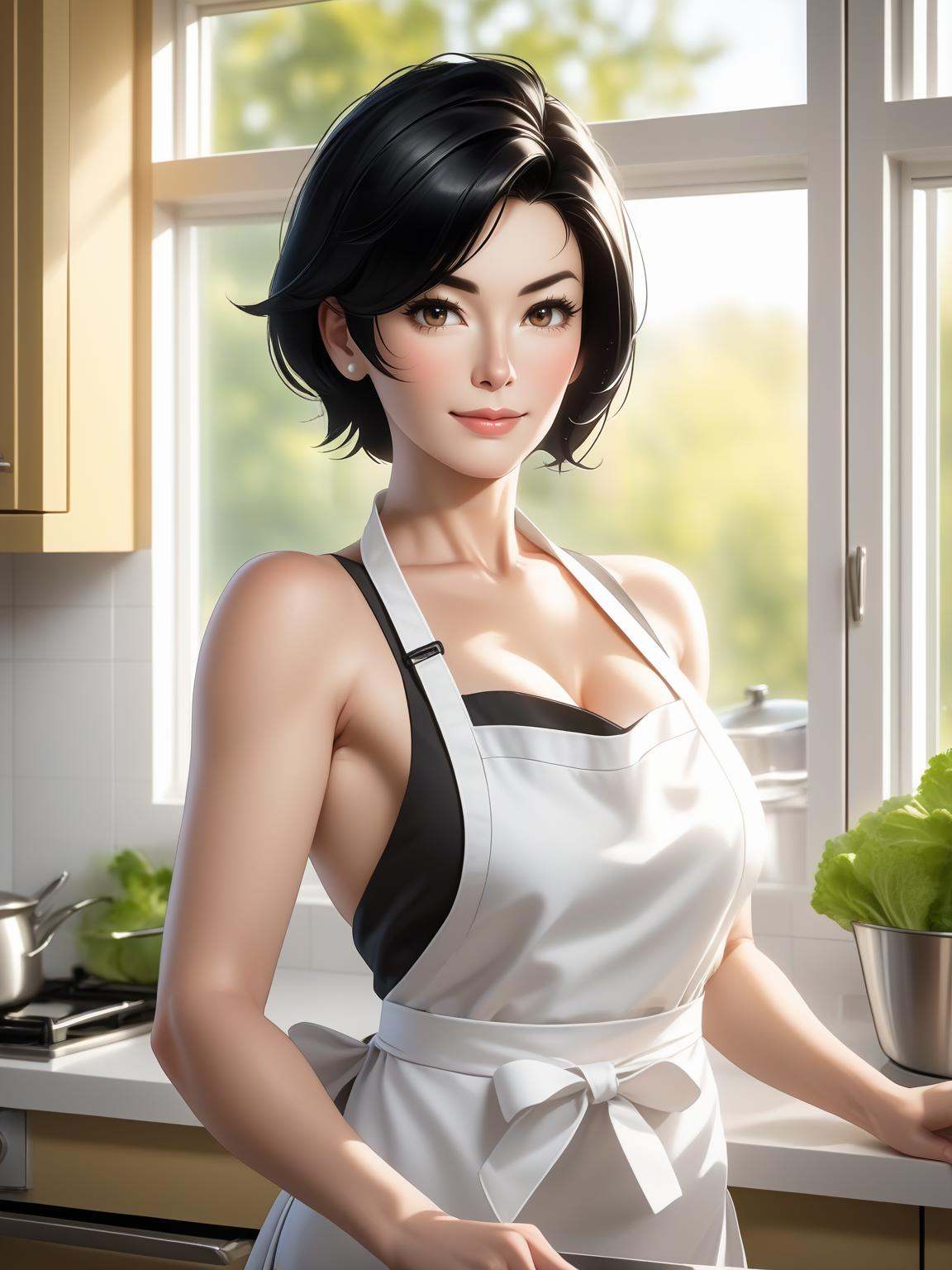 nijistyle,  pov selfie,  portrait of beautiful milf in white apron on Tensor.Art
