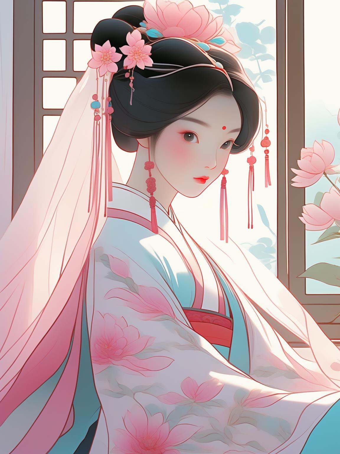 A cartoon illustration,  A chinese girl in white hanfu It's got pink patterns on it sat by the window and looked out,  art...