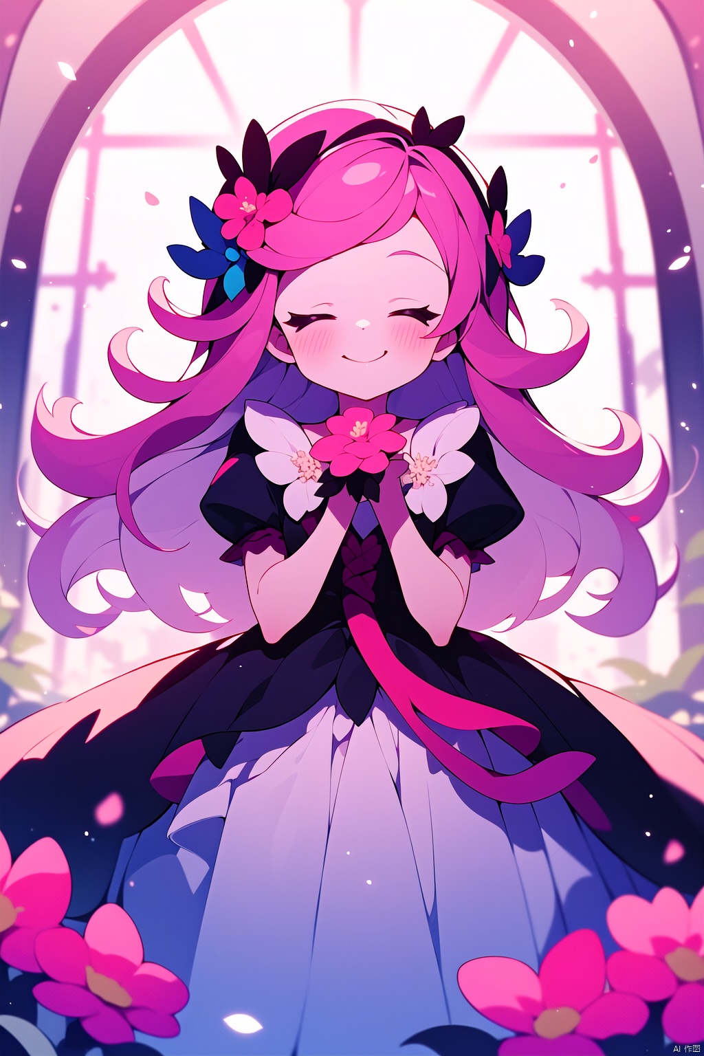 wawaya, 1girl, closed eyes, solo, dress, long hair, flower, pink hair