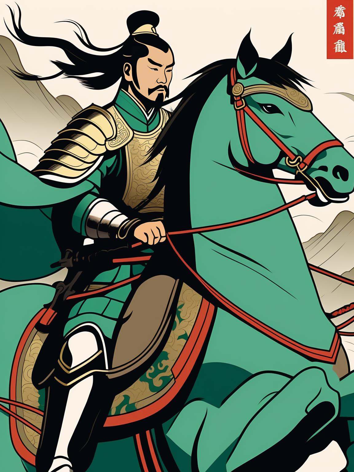In the ancient battlefield of China,  a close - up shot of an ancient Chinese general on a horse wielding a Green Dragon C...