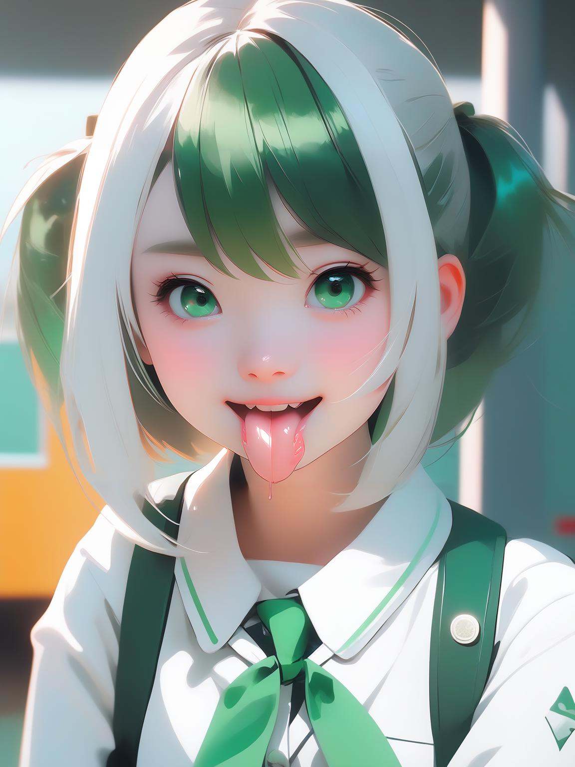 A girl in a white school uniform posing,  tongue out,  in the style of cottagepunk on Tensor.Art