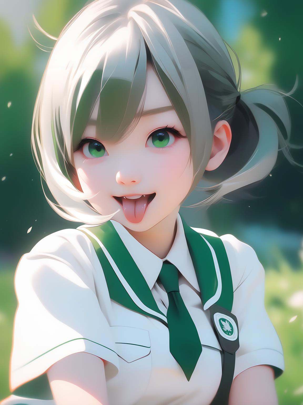 A girl in a white school uniform posing,  tongue out,  in the style of cottagepunk on Tensor.Art