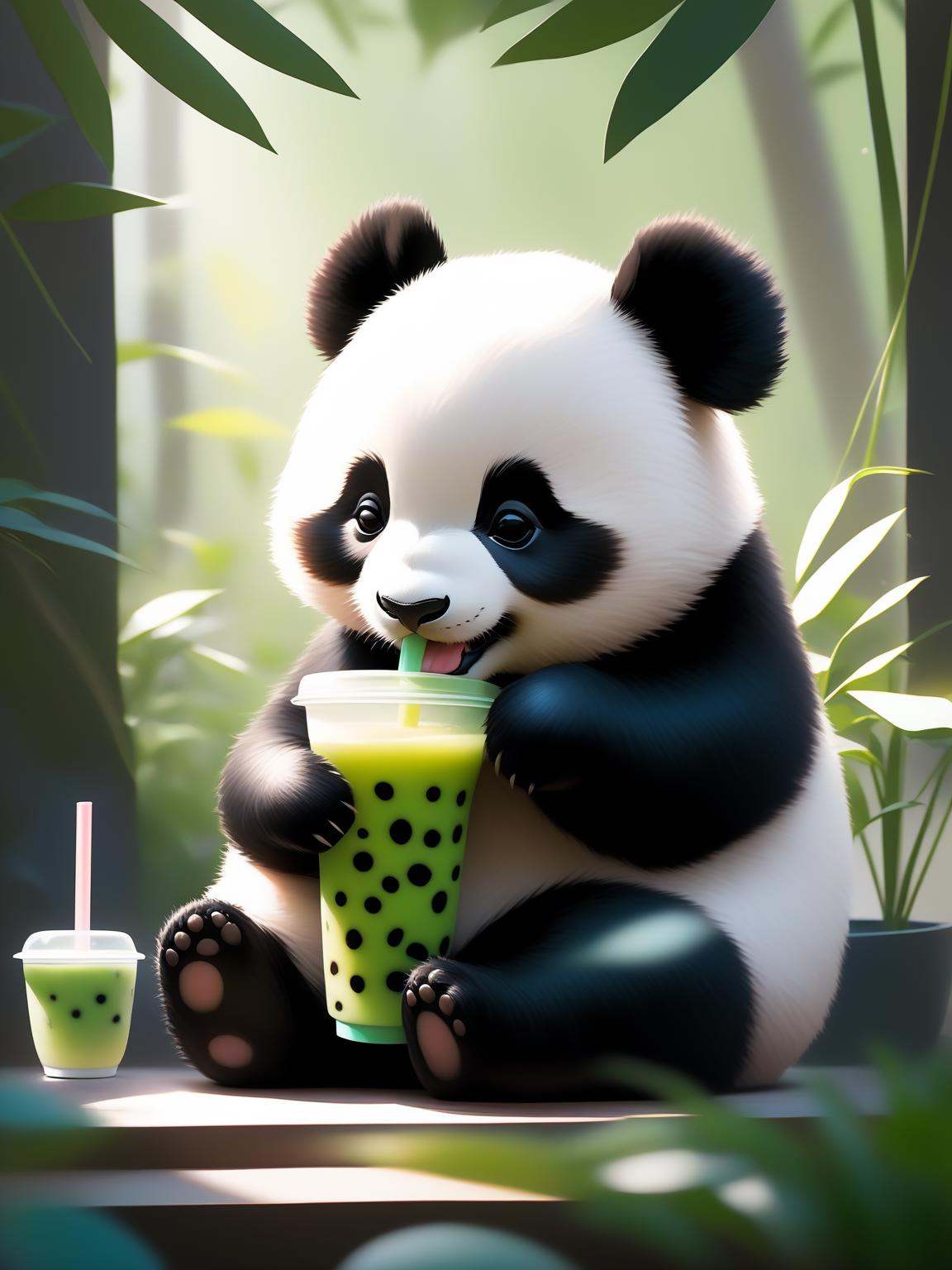 A panda cub bear drinking boba tea,  in the style of artgerm,  edogawa ranpo on Tensor.Art