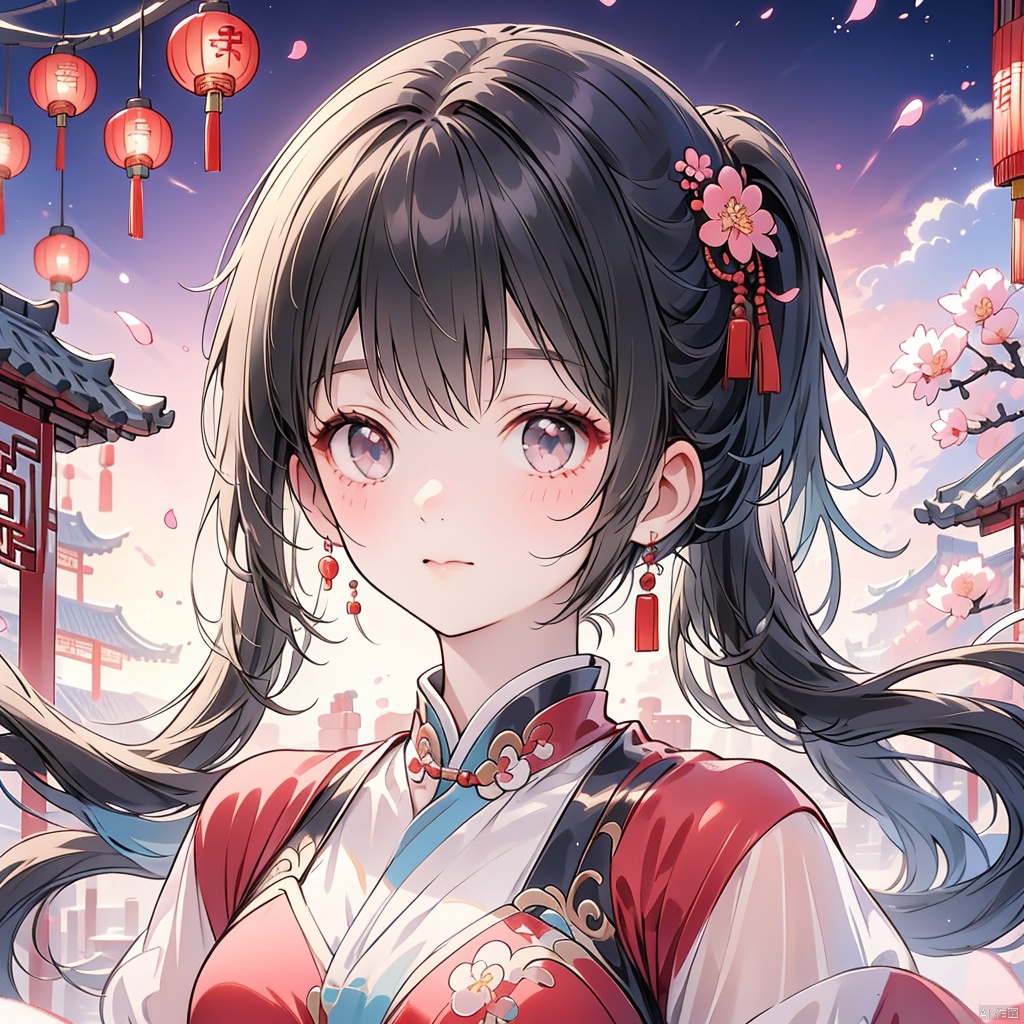 (Top quality, best quality, art, beauty and aesthetics: 1.2) A beautiful girl, dressed in Chinese clothing, slim face, closed mouth, black eyes, black and white gradient long hair, peach blossom, ponytail, tassels, red dress, sheer, looking at the camera, calm, Chinese New Year, ultra fine, 2K, ultra clear, hair,Facial shape,Exquisite appearance,Bright eyes, face,eyes