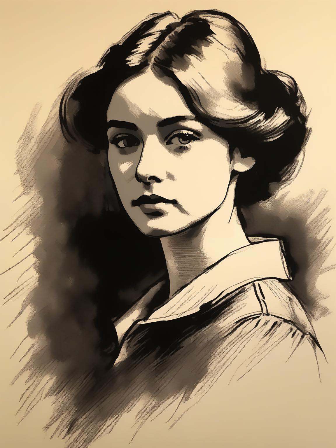 A hand drawn Victorian era portrait of a young woman in her late 20s,  post impressionist style,  minimalist brush work on...