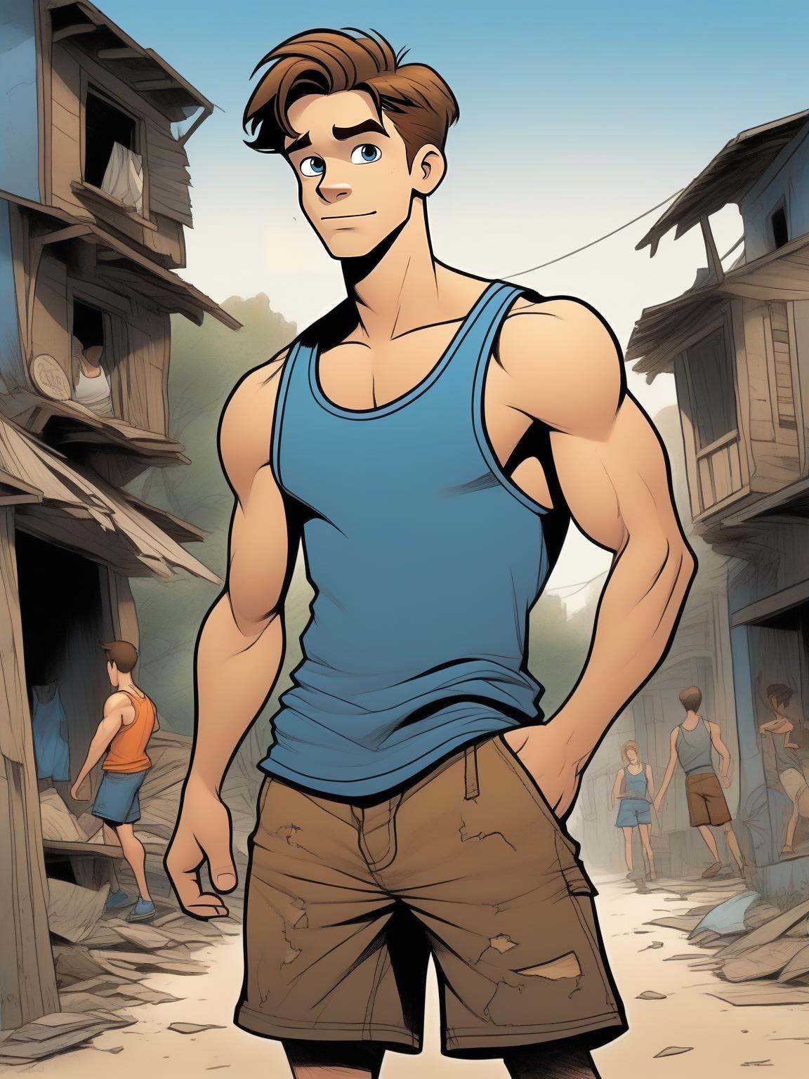 A cartoon like **** in his twenties,  wide angle shot of a **** in a ripped dark blue **** top and brown shorts,  poorly d...