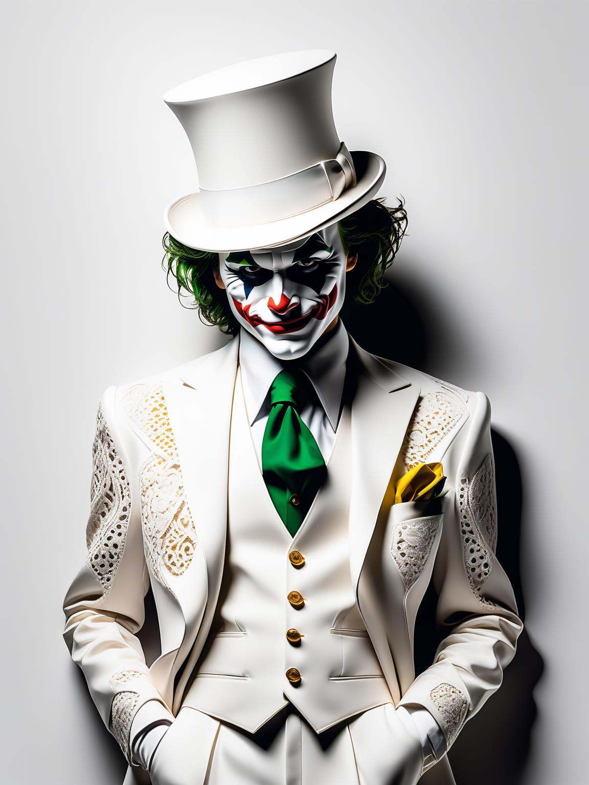 Minimalist fasion photo of a Joker in white suit and hat. White filigree background on Tensor.Art