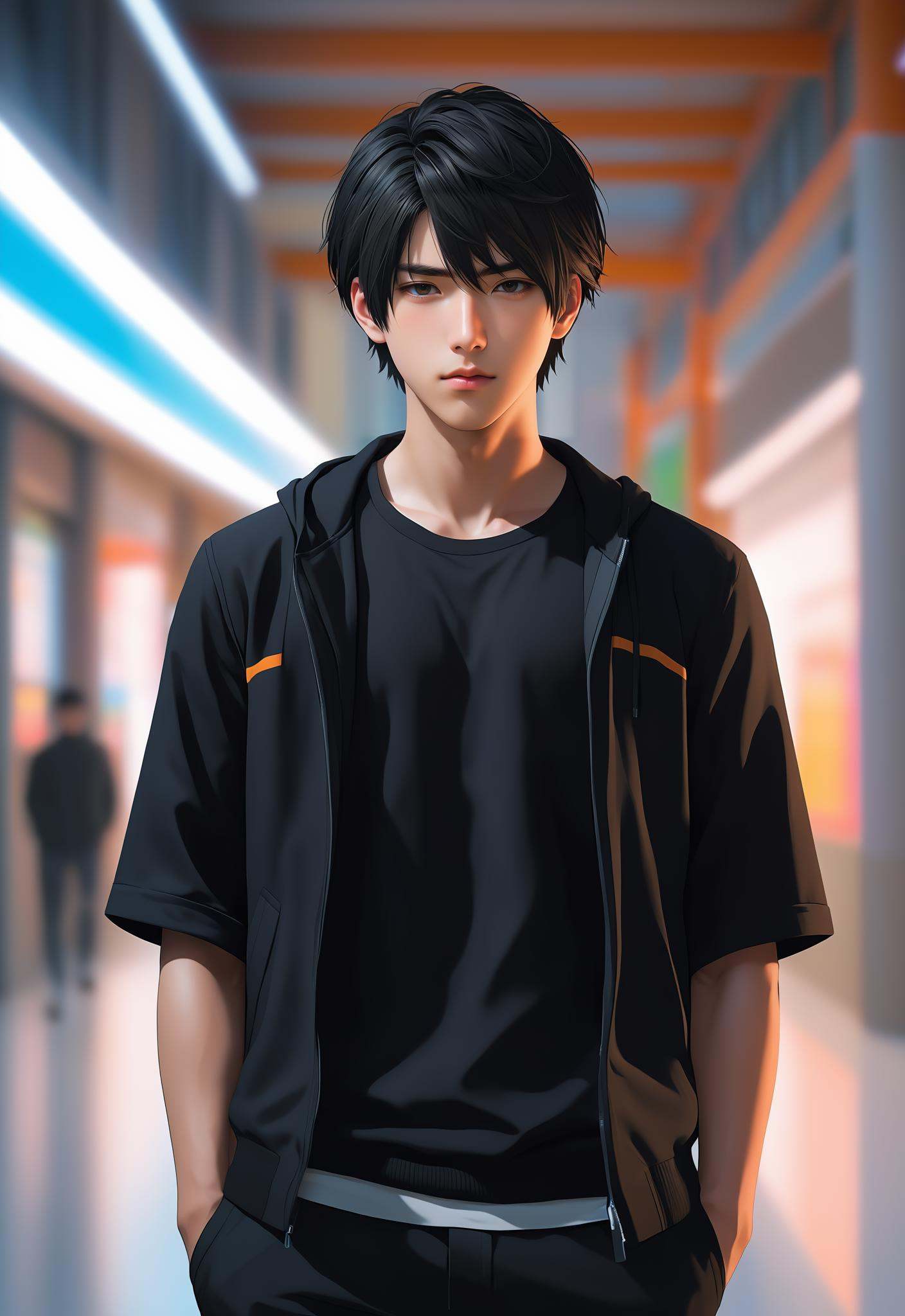 A man,  18 years old,  with short black short hair on Tensor.Art