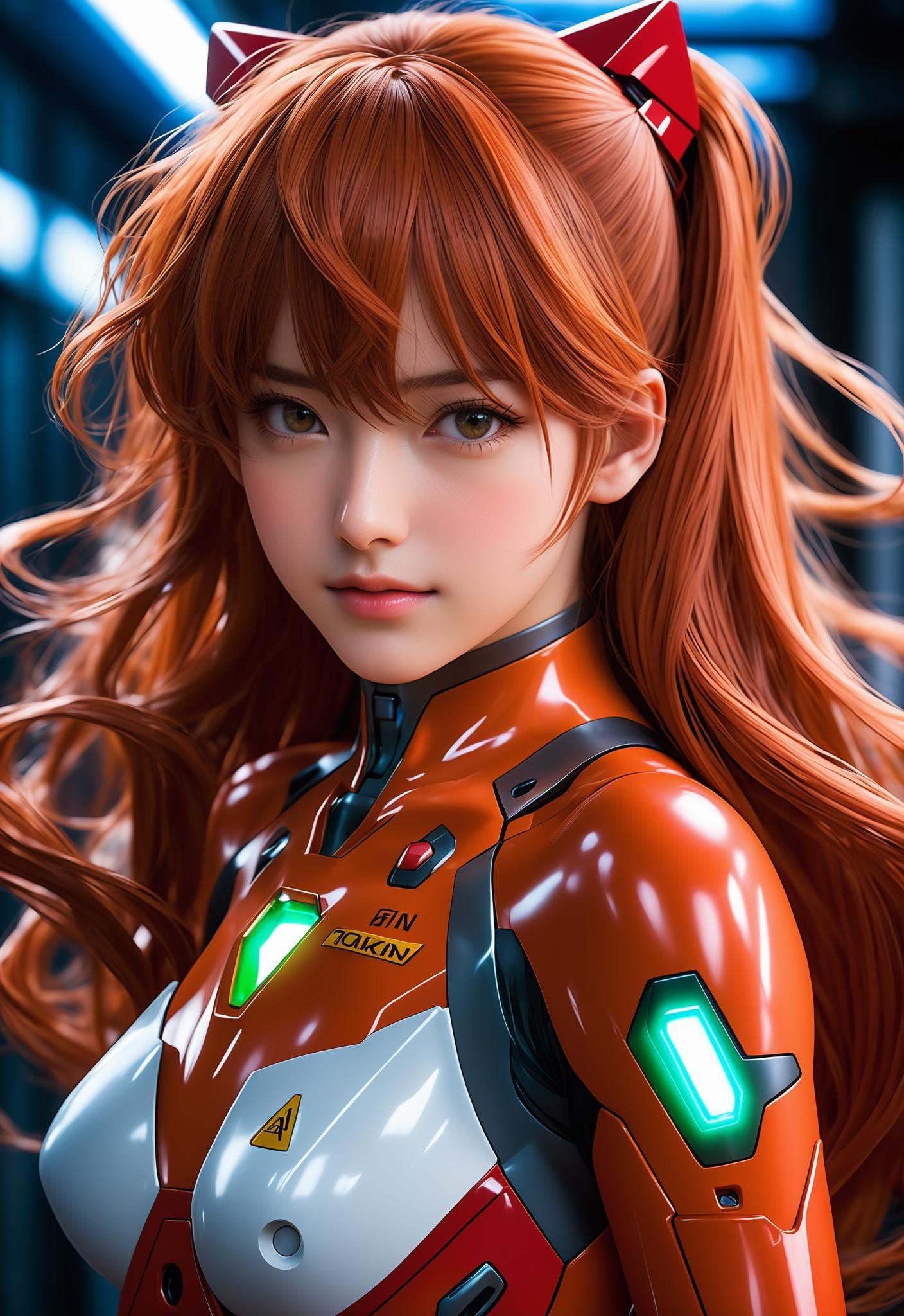 Close - up real - Live - action adaptation of a 3d character of Asuka Langley Soryu in plugsuit,  charming face,  NeonGene...