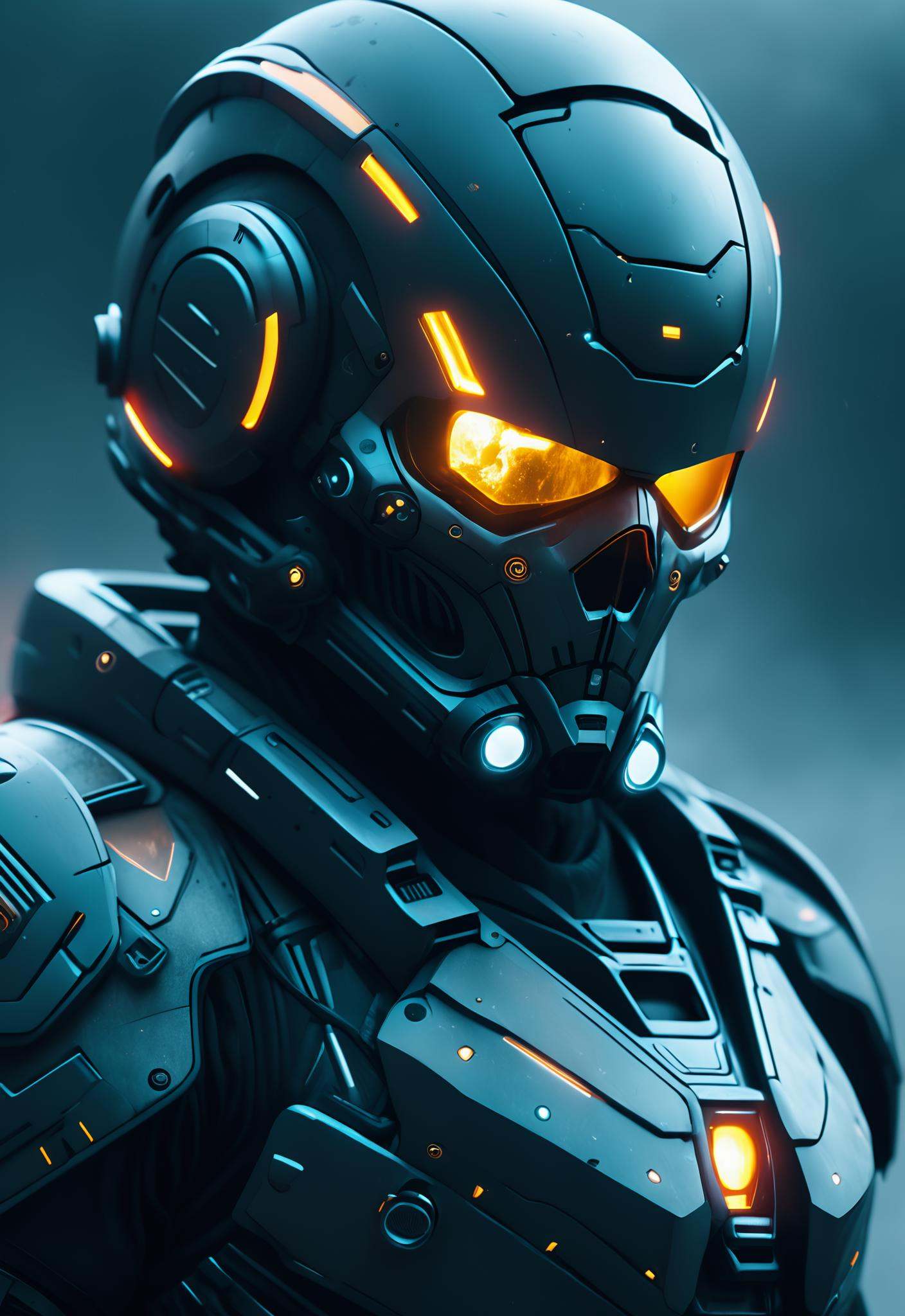 movie screenshot of the high tech futuristic martian invader skull mask,  heavy armor suit,  science fiction on Tensor.Art