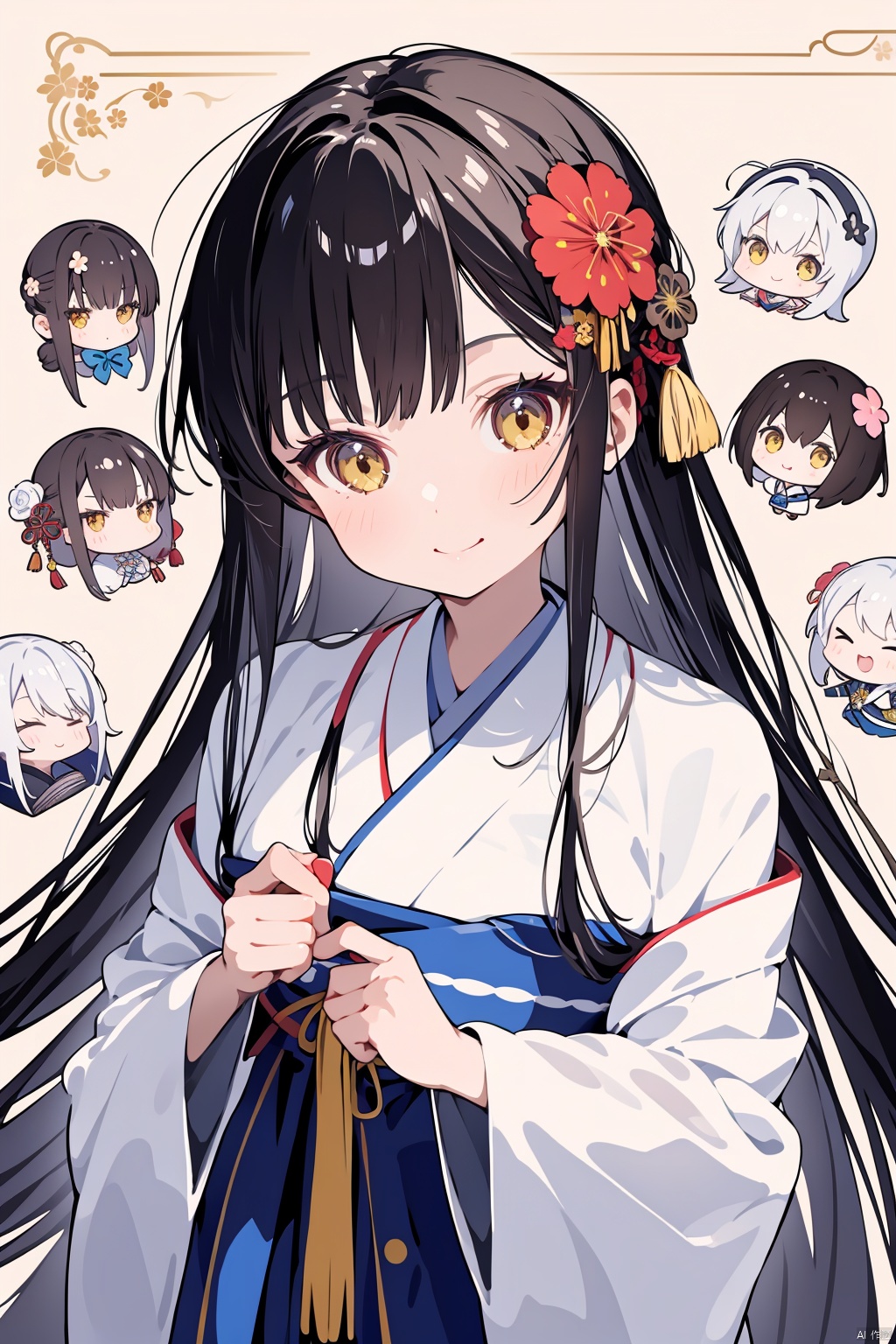  1girl, flower, solo, long_hair, yellow_eyes, shawl, looking_at_viewer, smile, hair_flower, wide_sleeves, hair_ornament, very_long_hair, japanese_clothes, kimono, closed_mouth, bangs, hagoromo, long_sleeves, brown_hair, hanfu, hair_between_eyes, ribbon,chibi