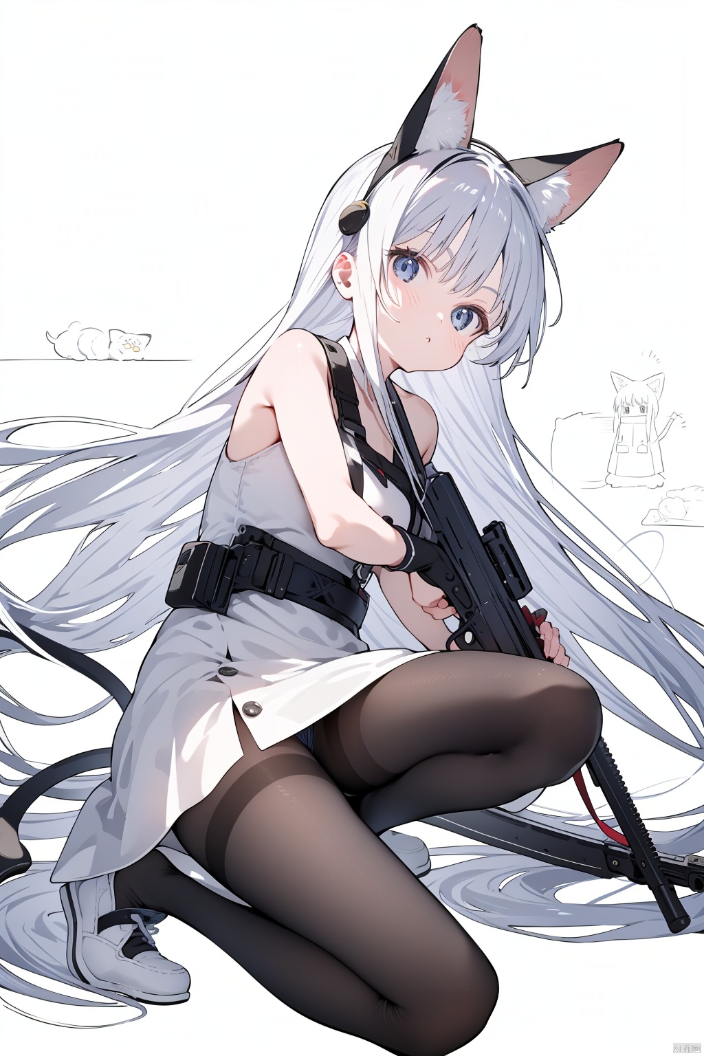 sniper rifle, 1girl, bolt action, solo, holding, very long hair, colored eyelashes, rifle, gun, one knee, white pantyhose, long hair, holding gun, holding weapon, dress, animal ears, blue eyes, pantyhose, underwear, weapon, animal ear fluff, white dress, white panties, panties, torn clothes, bandages, white hair, white footwear, sleeveless dress, cat ears, thigh holster, panties under pantyhose, holster, sleeveless, bandaged arm, white background, cat tail, torn pantyhose, shoes, bangs, pantyshot, cuts, headphones, injury, white theme, knife, cat girl, signature, scope, tail, bare shoulders, handgun, artist name,