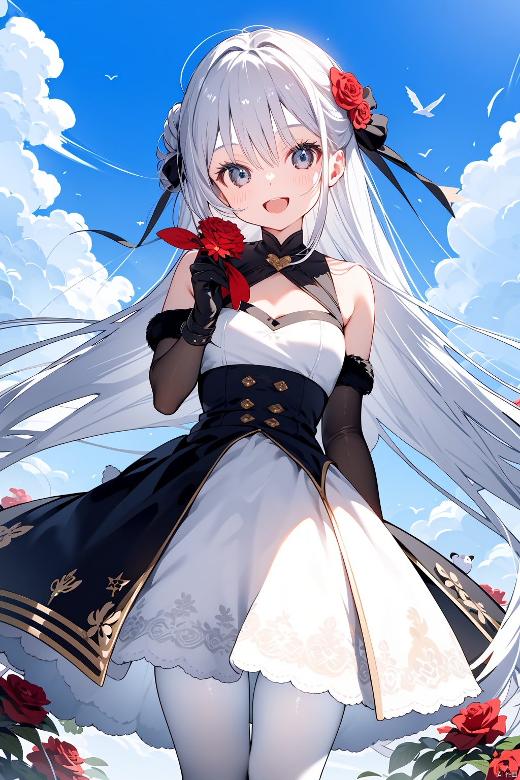 1girl, solo, flower, gloves, long_hair, smile, holding, dress, bird, very_long_hair, :d, blush, white_pantyhose, red_flower, pantyhose, looking_at_viewer, bangs, open_mouth, rose, white_dress, grey_eyes, bare_shoulders, holding_flower, animal, black_gloves, hair_between_eyes, bow, white_hair, sky, red_rose, fur_trim, depth_of_field, blurry