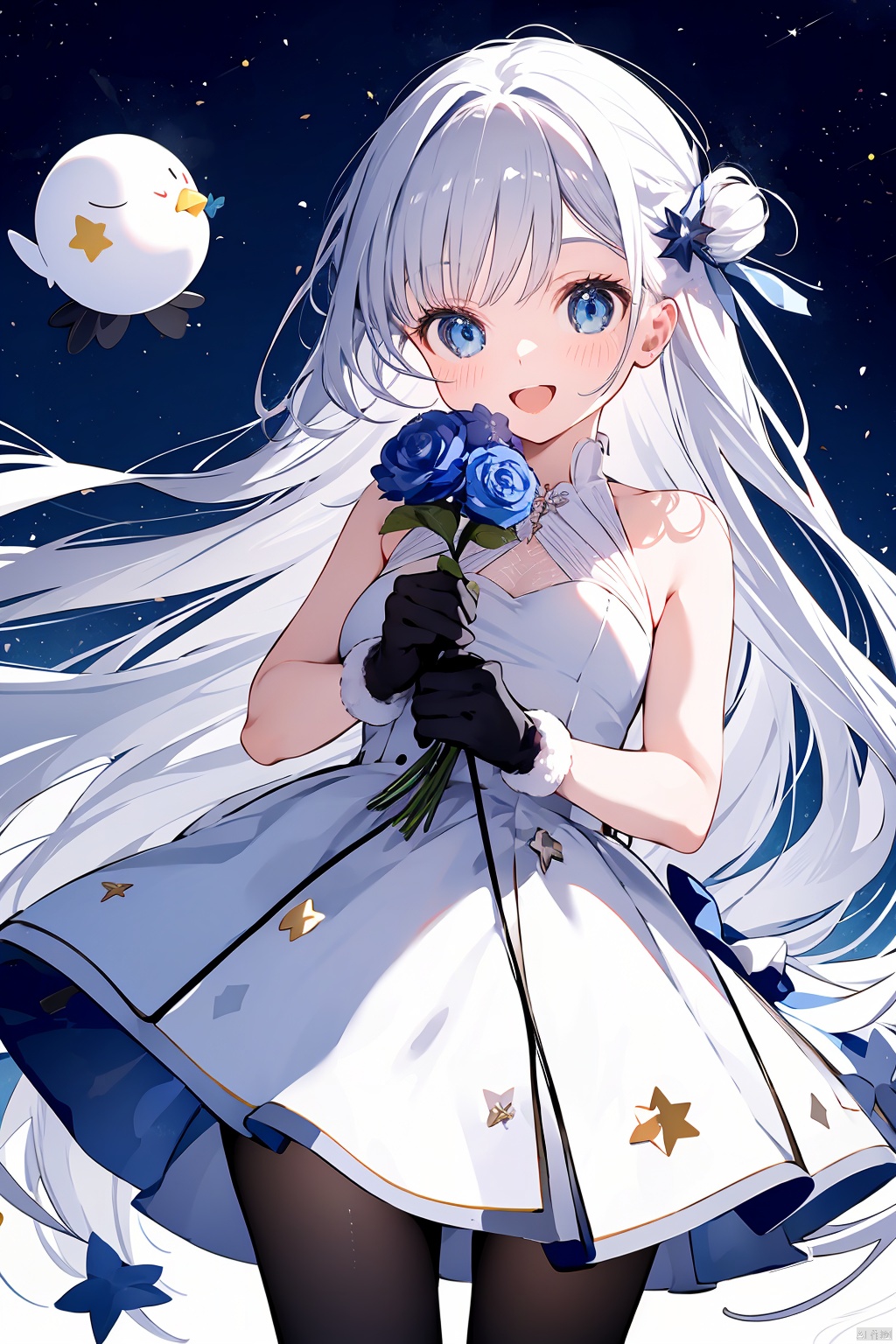  1girl, solo, long_hair, flower, gloves, smile, dress, holding, holding_flower, white_dress, white_hair, very_long_hair, pantyhose, :d, looking_at_viewer, blush, bird, bare_shoulders, red_flower, black_gloves, star_\(symbol\), blue_eyes, open_mouth, sky, feet_out_of_frame, own_hands_together