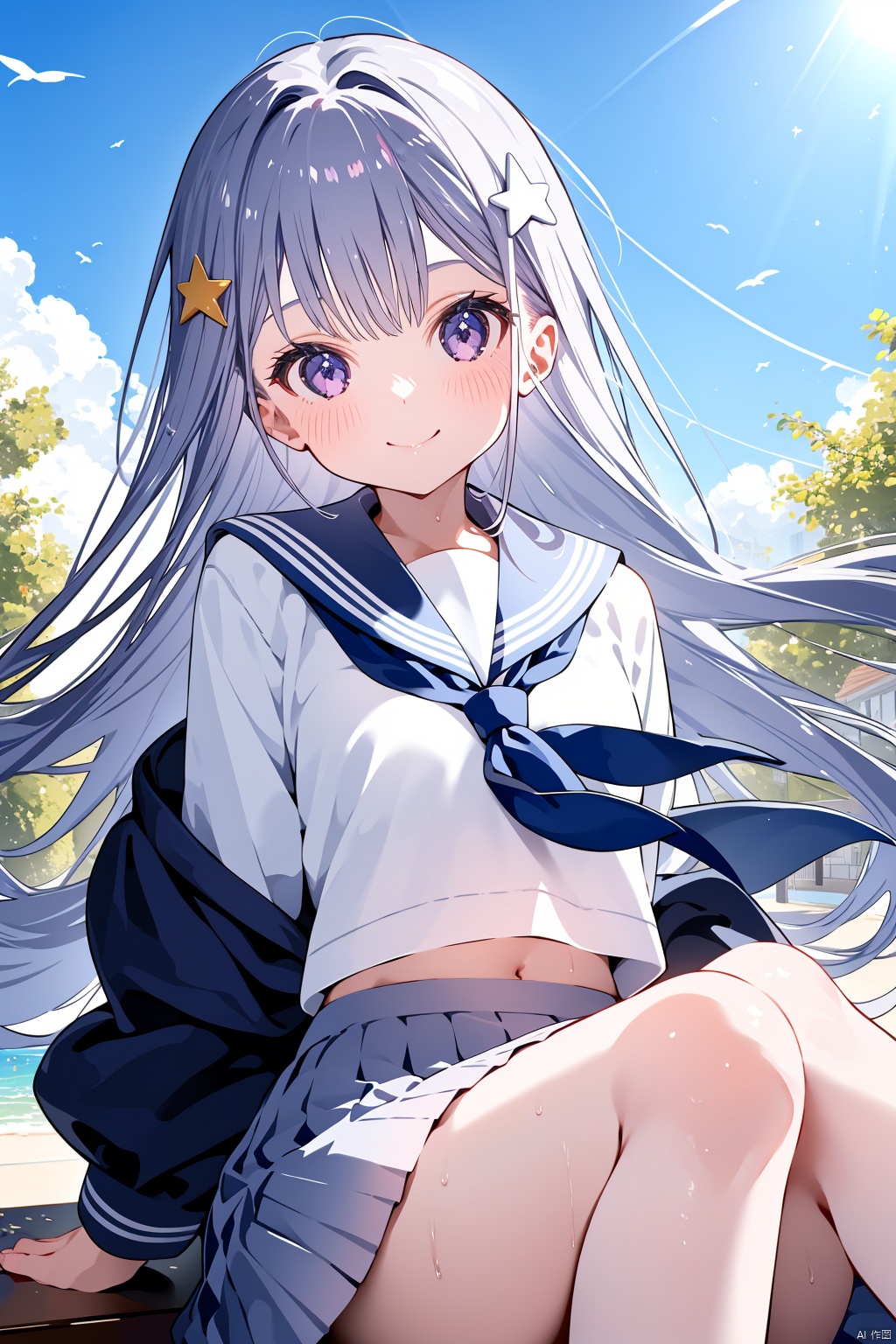 1girl, solo, long_hair, purple_eyes, school_uniform, looking_at_viewer, star_\(symbol\), skirt, sailor_collar, black_neckerchief, bangs, smile, long_sleeves, closed_mouth, serafuku, blush, water, sitting, shirt, white_sailor_collar, white_shirt, white_skirt, grey_hair, very_long_hair, reaching_towards_viewer, pleated_skirt, hair_between_eyes, neckerchief, outstretched_arm, hair_ornament, white_serafuku