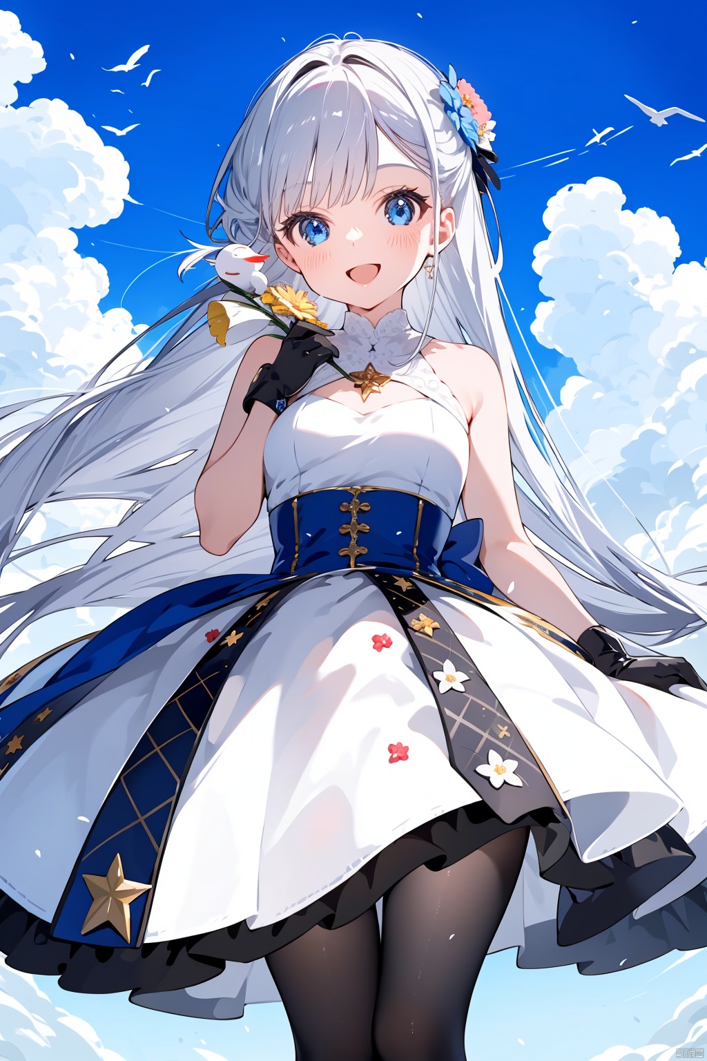  1girl, solo, long_hair, flower, gloves, smile, dress, holding, holding_flower, white_dress, white_hair, very_long_hair, pantyhose, :d, looking_at_viewer, blush, bird, bare_shoulders, red_flower, black_gloves, star_\(symbol\), blue_eyes, open_mouth, sky, feet_out_of_frame, own_hands_together