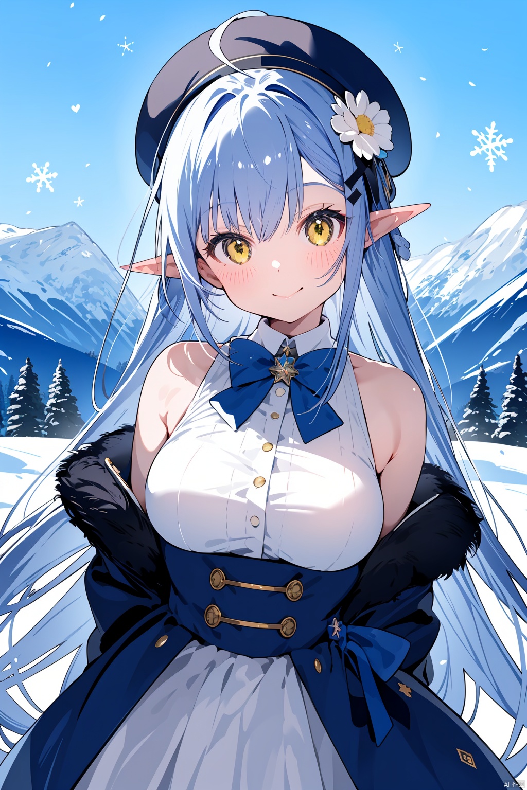 1girl, yukihana lamy, solo, long hair, virtual youtuber, blue hair, pointy ears, looking at viewer, yellow eyes, hat, hair ornament, smile, ahoge, flower, white headwear, hair flower, own hands together, breasts, heart ahoge, multicolored hair, heart, fur trim, hair between eyes, bow, large breasts, bangs, blue bow, closed mouth, aurora, coat, fur-trimmed coat, streaked hair, mountain, blush, bowtie, bare shoulders, sky, very long hair, own hands clasped, blue coat, blue bowtie, beret, belt, snowflake print, elf