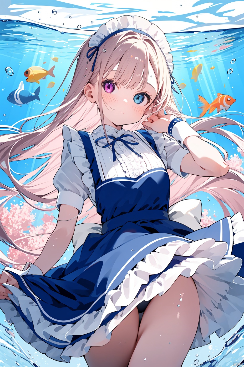 1girl, fish, solo, apron, dress, heterochromia, long_hair, blue_eyes, maid_headdress, underwater, barefoot, purple_eyes, blonde_hair, short_sleeves, frills, maid, bubble, white_apron, air_bubble, wrist_cuffs, bangs, looking_at_viewer, blue_dress, clownfish, coral, bow, blush, frilled_apron, closed_mouth, puffy_short_sleeves