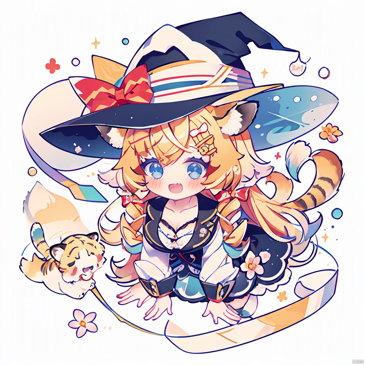 QB,chibi,1girl, outdoors, solo, breasts, shirt, tail, grass, sky, tiger ears, white shirt, smile, cleavage, hat bow, long hair, animal ears, hat, fang, day, tiger tail, all fours, blonde hair, looking at viewer, blue eyes, blue sky, skin fang, short sleeves, animal ear fluff, cloud, drill hair, naked shirt, flower, :d, blush, ringlets, dress shirt, bow, very long hair, large breasts, bangs, witch hat, black headwear, open mouth, collared shirt, hair between eyes, collarbone, striped tail, tiger girl, no bra, white flower, blue bow, curly hair