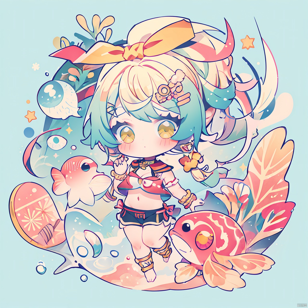 QB,chibi,1girl, freediving, coral, solo, underwater, swimsuit, bikini, barefoot, shorts, swimming, ponytail, long_hair, air_bubble, hair_ornament, breasts, bubble, green_eyes, jewelry, navel, scrunchie, looking_at_viewer, yellow_eyes, ribbon, wrist_scrunchie, cleavage, anklet, bracelet, holding_breath, nail_polish, hairclip, fish, hair_ribbon