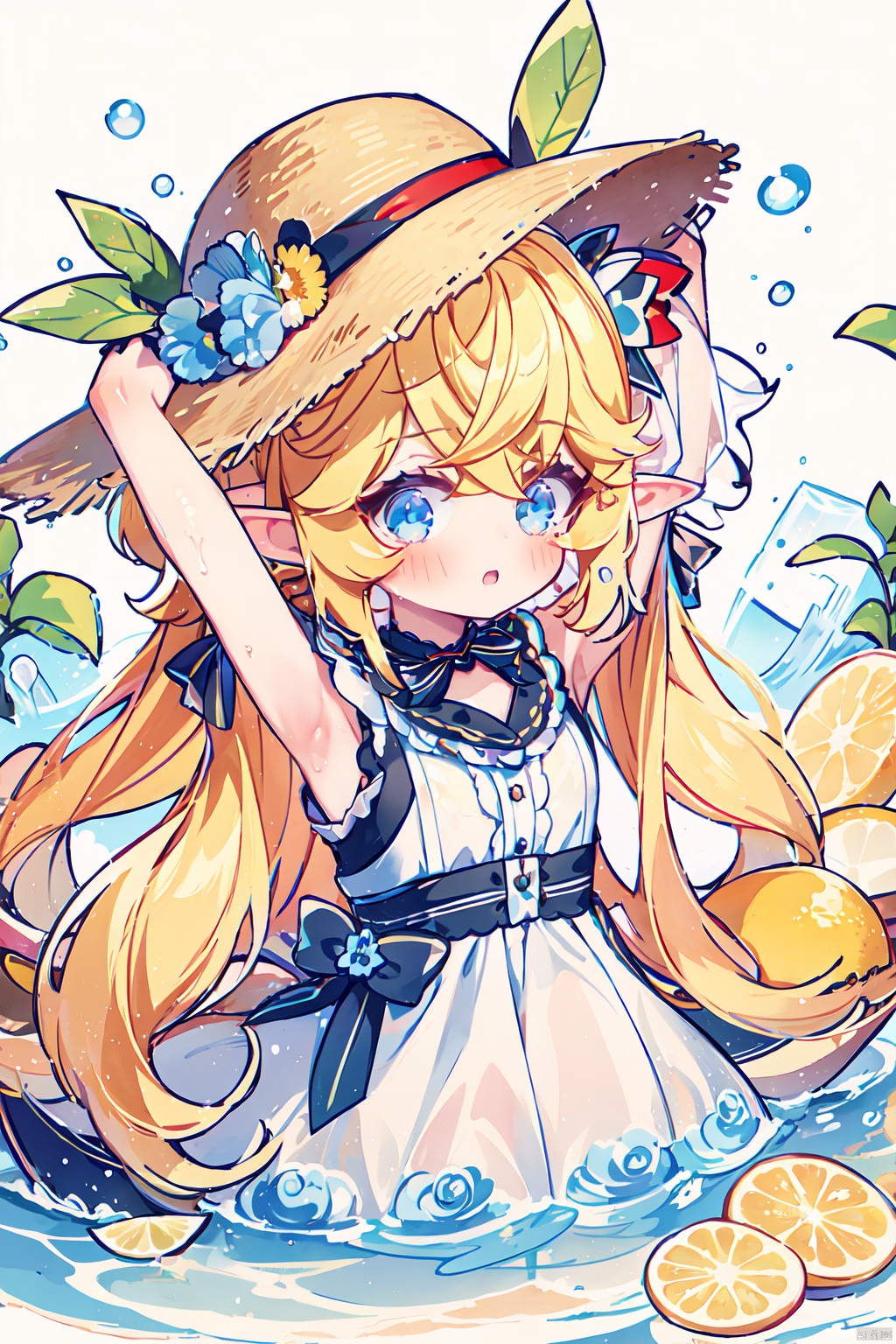 chibi,1girl, fruit, solo, dress, food, twintails, long_hair, armpits, pointy_ears, bug, white_dress, blonde_hair, butterfly, wading, blue_eyes, wet_dress, arms_up, lemon, water, flower, hat, sleeveless, wet, hair_ribbon, looking_at_viewer, sleeveless_dress, ribbon, banana, mouth_hold, lemon_slice, breasts, very_long_hair, bare_shoulders, wet_clothes, grapes, orange_\(fruit\), straw_hat, red_ribbon, elf, waterfall, red_flower, sundress, see-through, standing, bangs, bare_arms, blush, hair_between_eyes, water_drop, small_breasts, yellow_flower