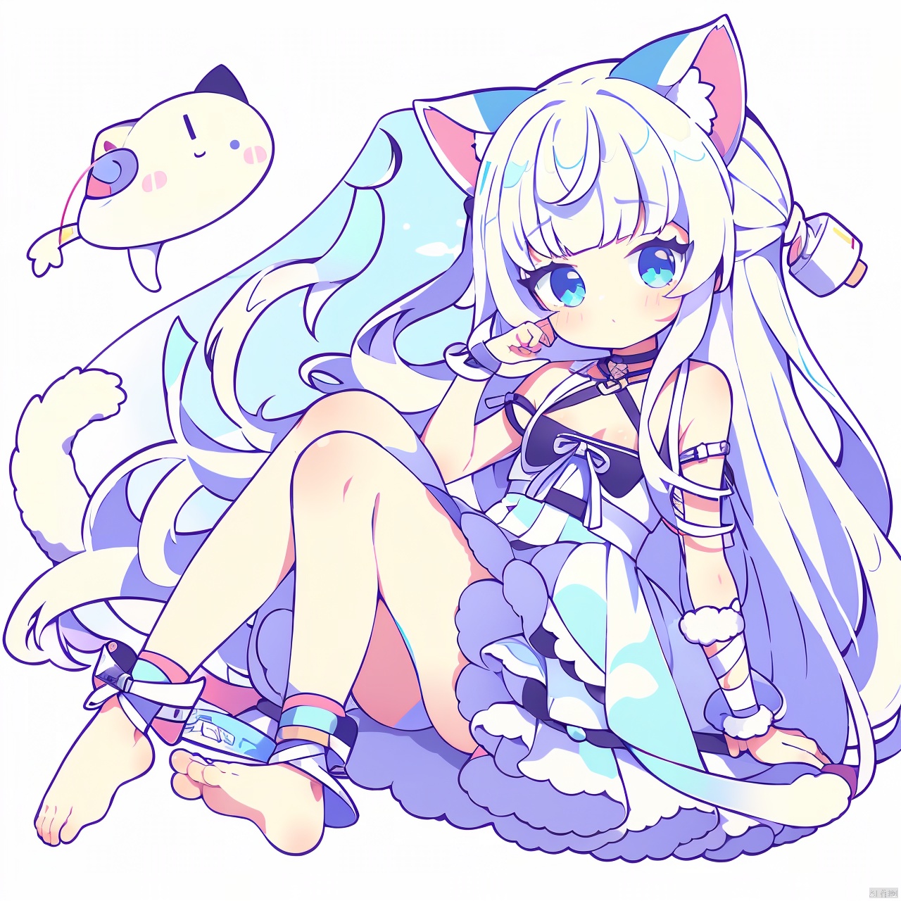  QB,chibi,1girl, white cat, cat, colored eyelashes, animal ears, strap slip, long hair, blue eyes, white dress, dress, sleeveless dress, barefoot, very long hair, bandages, headphones, sitting, bandaged arm, animal ear fluff, cat ears, no panties, looking at viewer, white hair, solo, sleeveless, artist name, bare shoulders, feet, tail, finger to mouth, toes, bangs, animal, cat tail, cat girl, shushing, collarbone, small breasts, bandaged hand, index finger raised, signature, breasts,