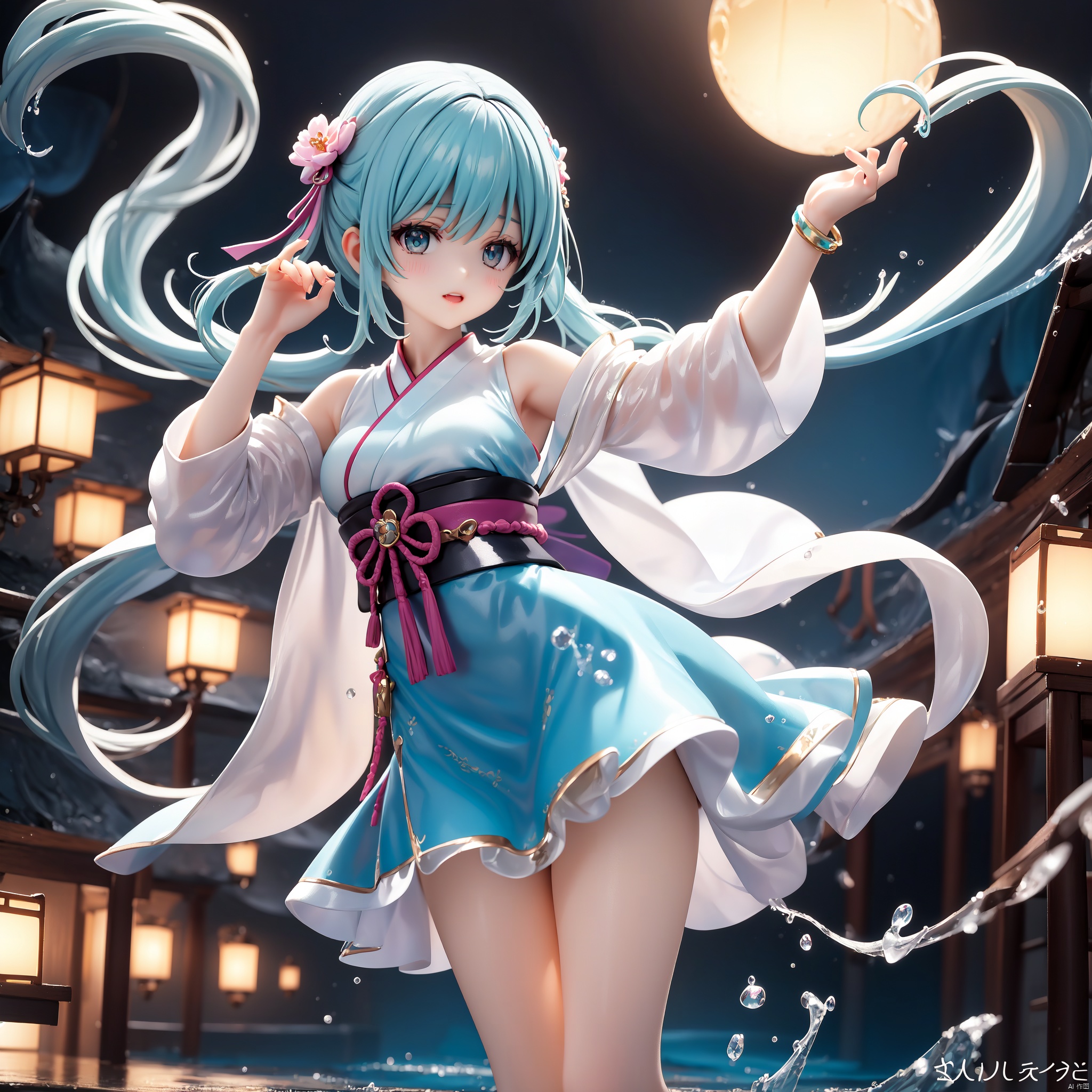 2D animation, anime style, girl standing in the water, dress, tulle hanbok, white hair, dynamic posture, pale skin, charming beauty, gorgeous eyes, elegant face, details, peach blossom forest, ultra lifelike, high-definition, 8k, 3d, rubber texture, digital illustration, niji 5, aestheticism, art, photography style, night, moon, starlight,