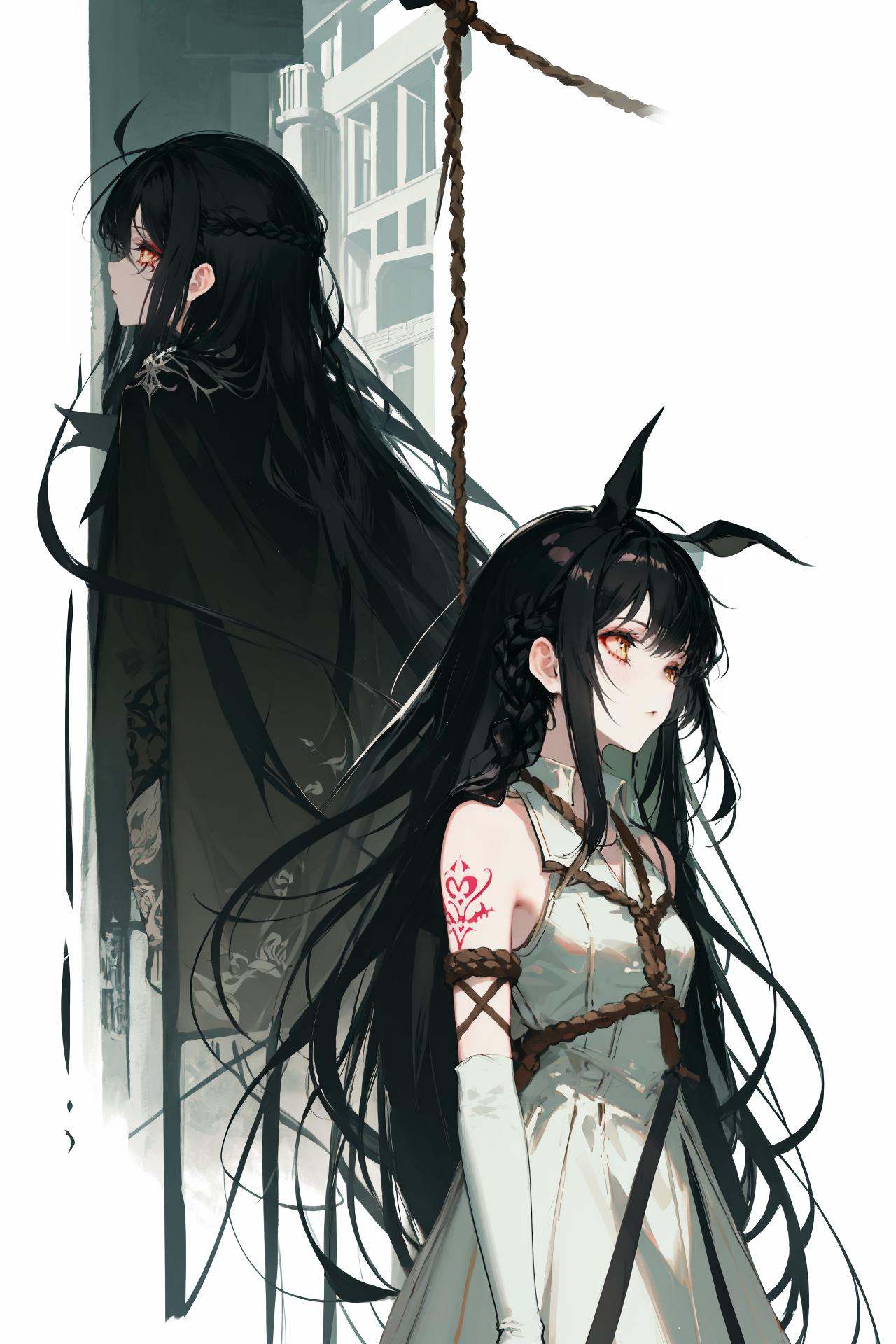 long hair , polearm, very long hair, braid, rope, gloves, 1girl, multiple girls, tattoo, black hair, 2girls /////////// <lora:rsef-000225:1>