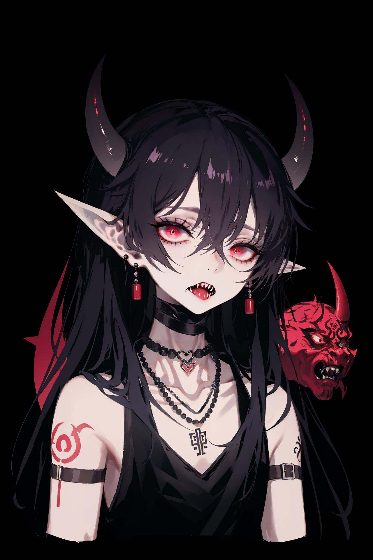 solo, pointy ears  , black nails, long hair , necklace, male focus, mask, horns, jewelry, fangs, 1boy, tattoo, upper body, beads, bead necklace, oni mask , tusks , oni, straight-on, looking at viewer, collarbone, hand up, blank eyes, fingernails, sleeveless, shoulder tattoo /////////// <lora:rsef-000225:1>