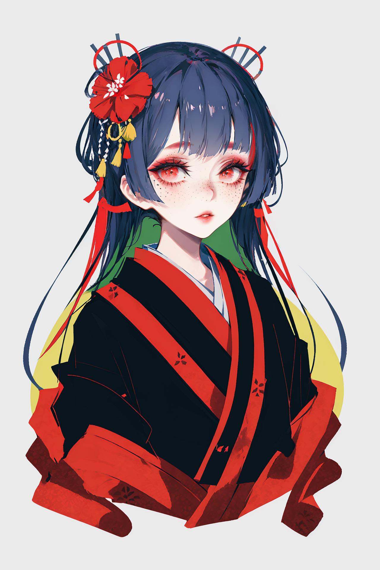 1girl, solo, japanese clothes, kimono, hair ornament, long hair, freckles, lips, makeup, bangs, upper body, looking at viewer /////////// <lora:rsef-000225:1>