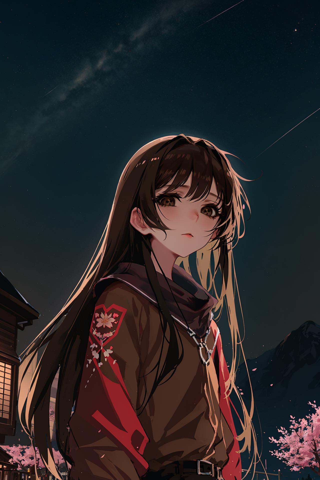 solo, 1girl, long hair, brown eyes, black hair, looking at viewer, upper body, closed mouth, tattoo, simple background ,scenery, tree, night, outdoors, sky, grass, night sky, cherry blossoms, star (sky), fence, cloud, starry sky, rock, building, house, bush, mountain, road, path /////////// <lora:rsef-000225:1>
