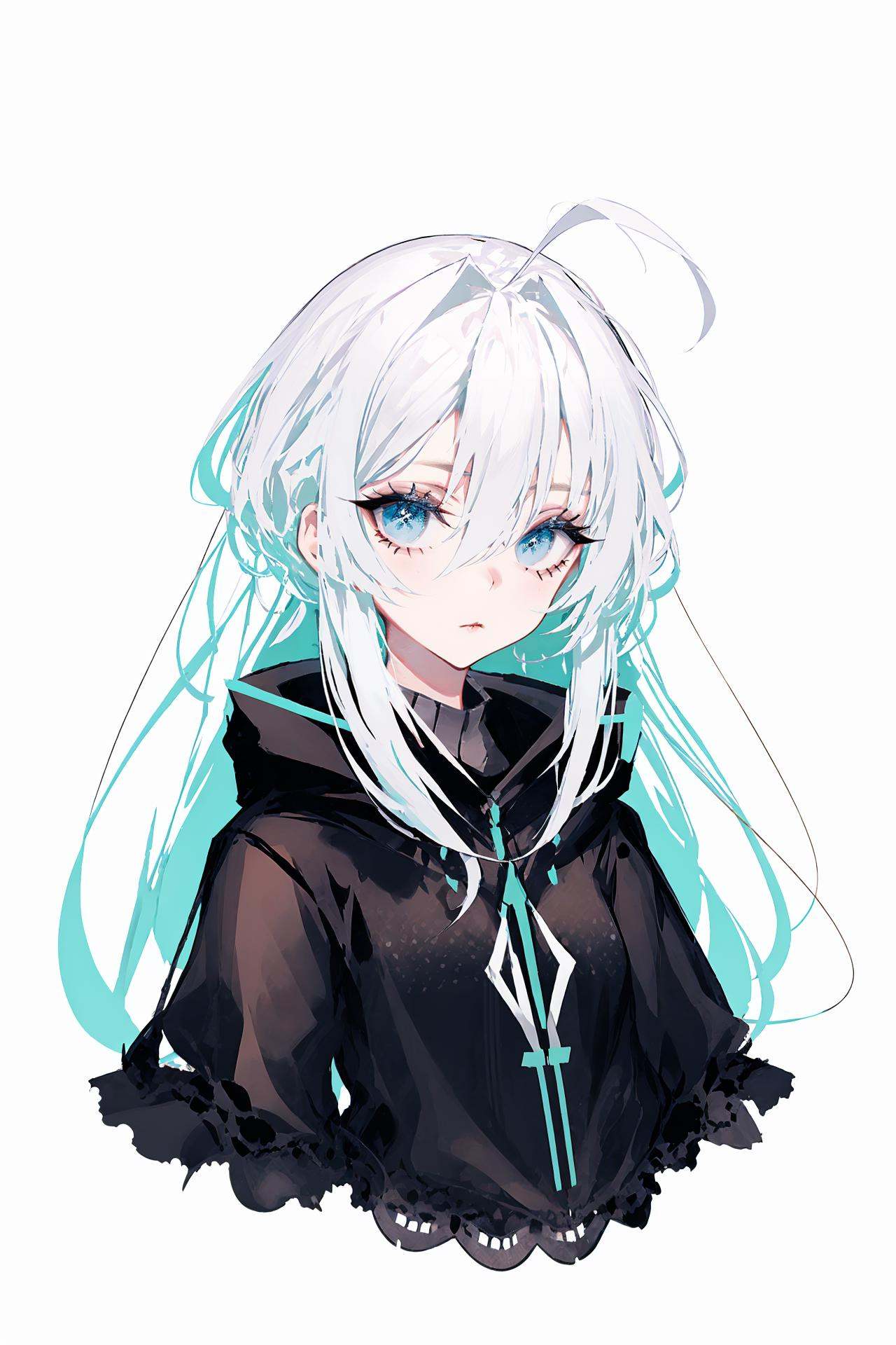 1girl, solo, white background, upper body, looking at viewer, hair between eyes, white hair, closed mouth, blue eyes, simple background, ahoge, dress, black dress, long hair, bangs ,/////////// <lora:rsef-000225:1>