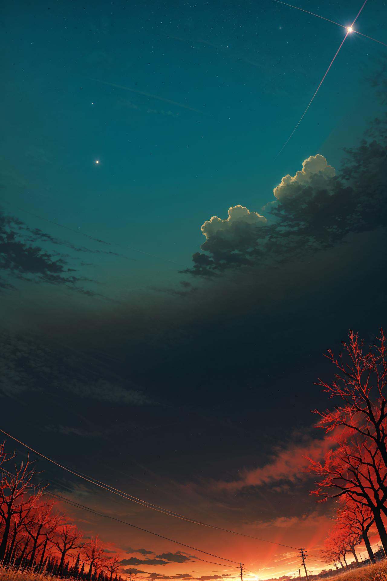 solo, monochrome, 1girl, 1boy ,sky, scenery, tree, outdoors, cloud, sunset, lens flare, bare tree, power lines, sun, star (sky), road, sunlight, sunrise, ground vehicle, cloudy sky, grass, utility pole, blue sky /////////// <lora:rsef-000225:1>