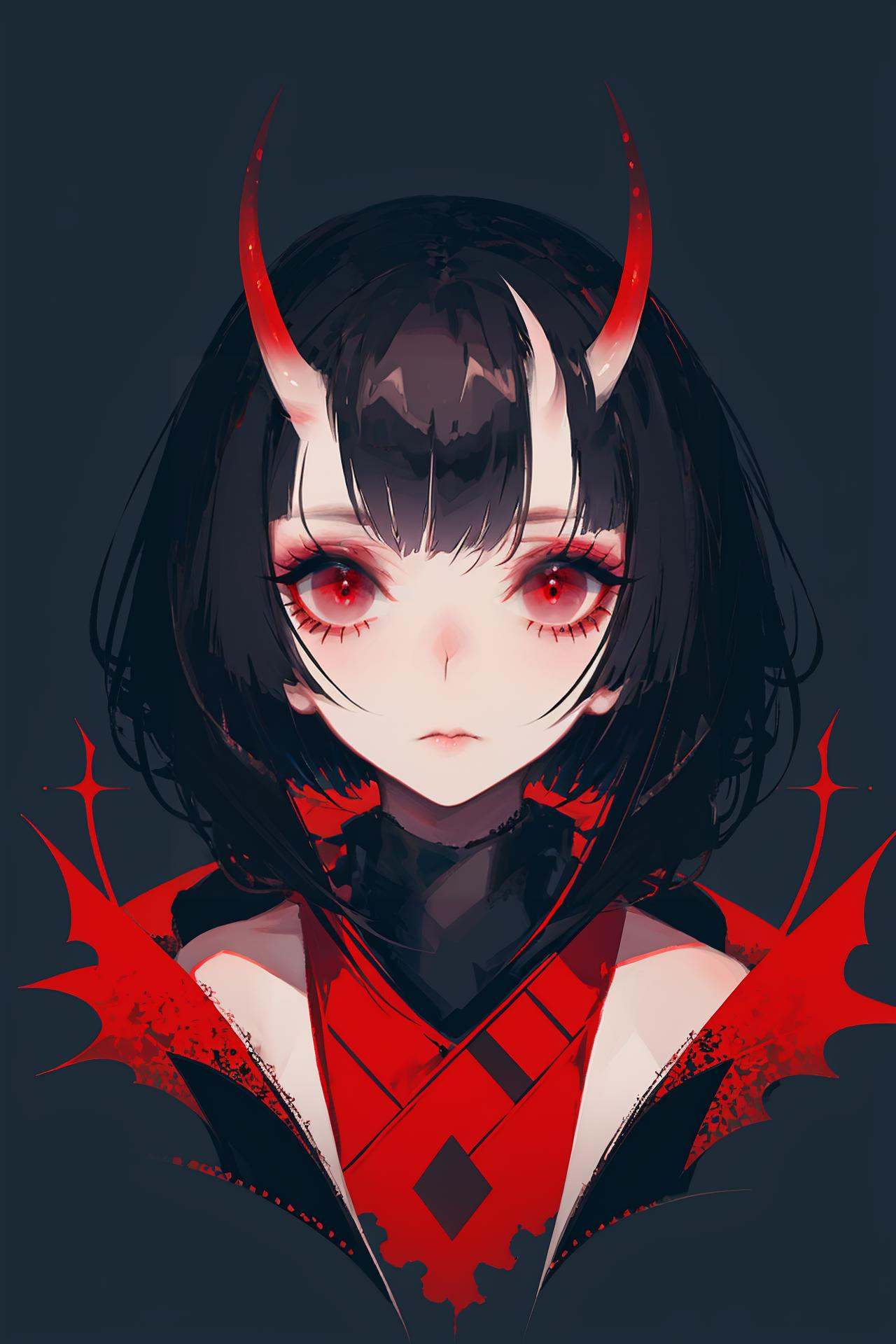 1girl, horns, fingernails, short hair, black hair, makeup, red eyes, upper body, 1other, closed mouth, sharp fingernails /////////// <lora:rsef-000225:1>