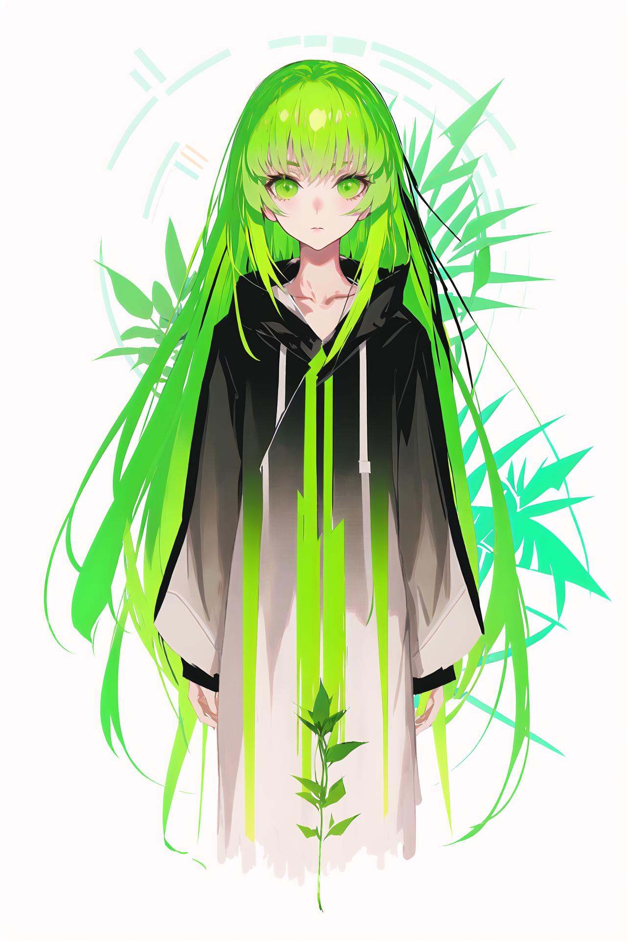 enkidu \(fate\), long hair, green hair, solo, green eyes, robe, white robe, looking at viewer, androgynous, bangs, closed mouth, long sleeves, plant, 1other, wide sleeves, very long hair, 1boy, male focus, expressionless /////////// <lora:rsef-000225:1>
