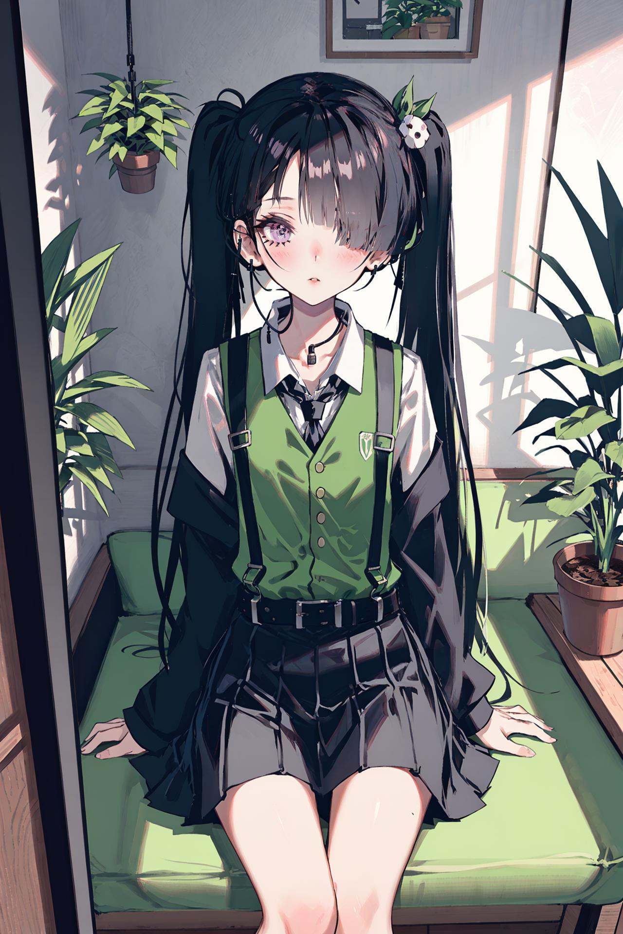 1girl, solo, black hair, twintails, mirror, hair over one eye, skirt, plant, potted plant, hair ornament, sitting, phone, looking at viewer, suspenders, purple eyes, black footwear, blush, black skirt, electrical outlet, suspender skirt, belt, cellphone, x hair ornament, indoors, smartphone, earphones, bangs /////////// <lora:rsef-000225:1>