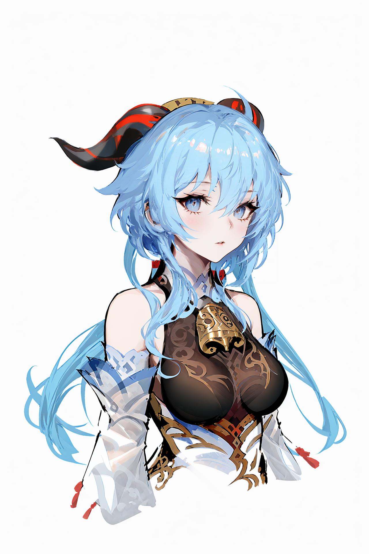 1girl, solo, ganyu \(genshin impact\), detached sleeves, horns, breasts, looking at viewer, hair between eyes, blue hair, upper body, bangs, white background, bare shoulders, bell, simple background, medium breasts, monochrome /////////// <lora:rsef-000225:1>