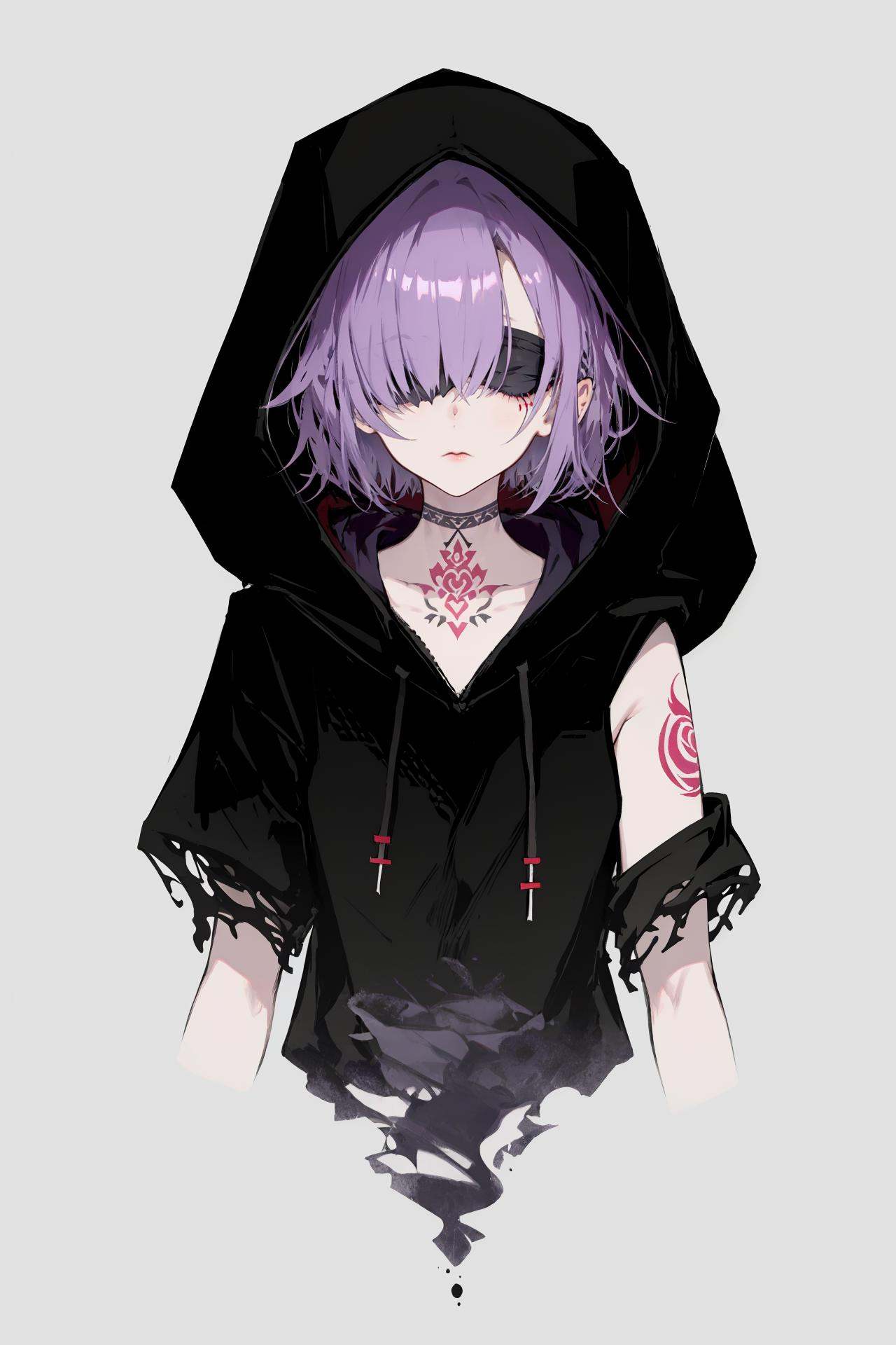 1girl, tattoo, solo     , arm tattoo, hood down, hood, aura, torn clothes, hair over eyes, grey background, dark aura, hatching \(texture\), closed mouth, short hair, midriff, purple hair, medium hair, simple background /////////// <lora:rsef-000225:1>