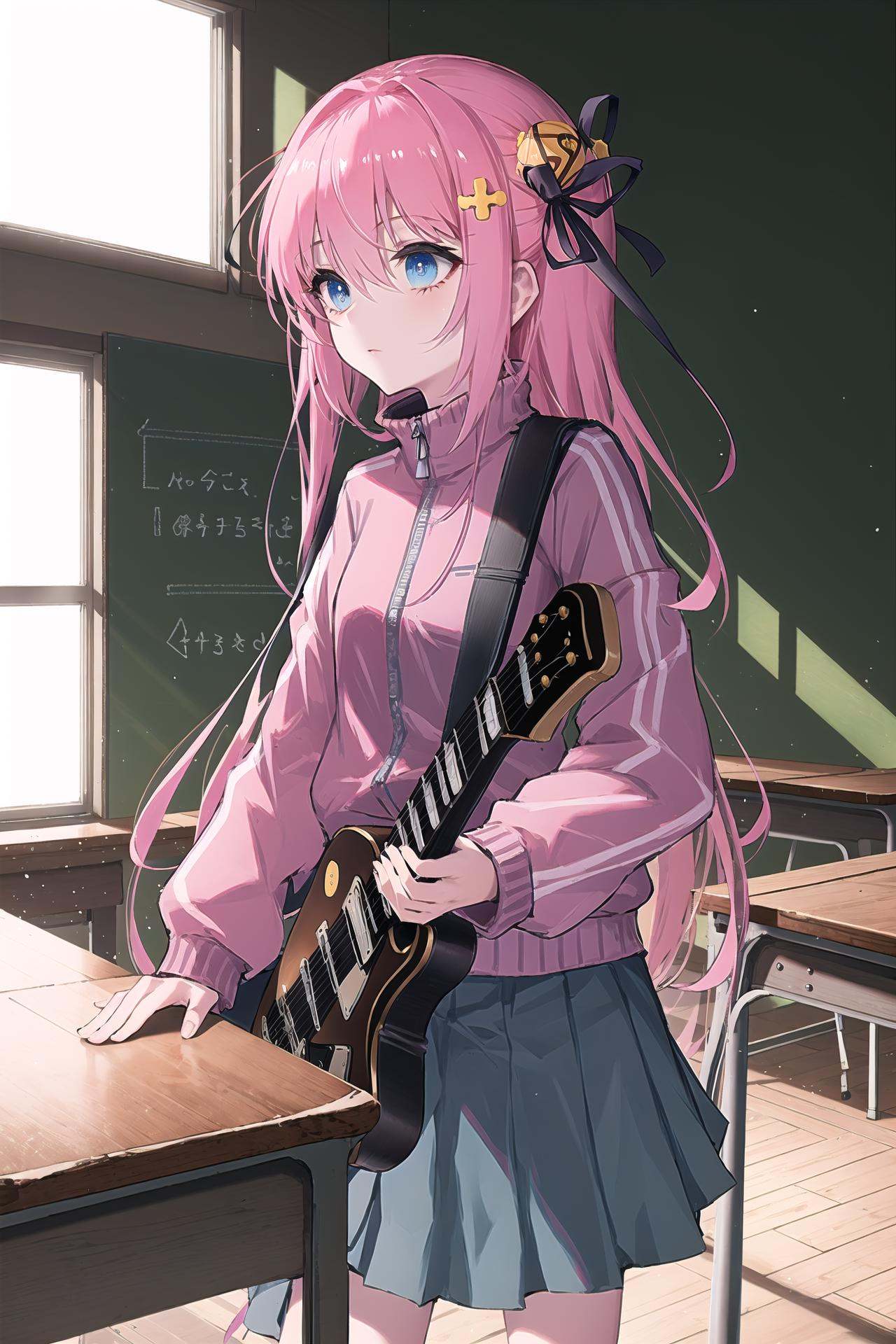 1girl, gotou hitori, solo, instrument, jacket, pink jacket, long hair, pink hair, indoors, guitar, hair ornament, cube hair ornament, track jacket, skirt, blue eyes, window, pleated skirt, bangs, electric guitar, hair between eyes, one side up, closed mouth, classroom, long sleeves, grey skirt, instrument case, gibson les paul, sunlight, desk, standing, chalkboard /////////// <lora:rsef-000225:1>
