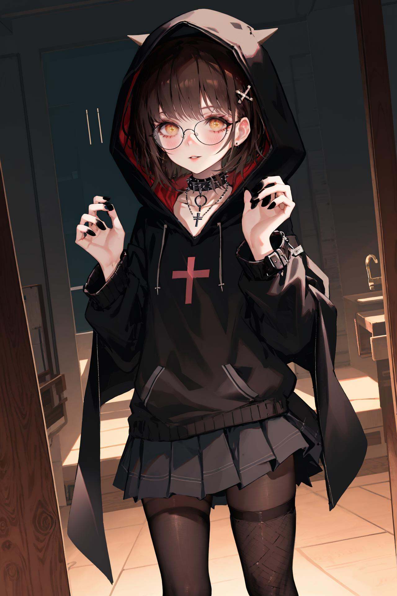 1girl, solo, jewelry, spikes, thighhighs, cross, glasses, black nails, looking at viewer, medium hair, fishnets, asymmetrical legwear, sink, cowboy shot, double v, shirt, v, long sleeves, bangs, yellow eyes, spiked collar, round eyewear, black hair, nail polish, standing, indoors, black thighhighs, hands up, collar, hood, smile, parted lips, blush, cross necklace, black shirt, hair intakes, clothes writing, brown hair, pantyhose, choker /////////// <lora:rsef-000225:1>