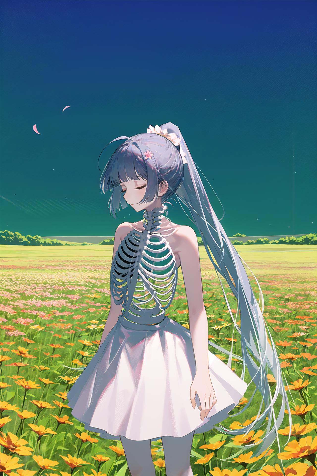 1girl, solo, closed eyes, flower, dress, sleeveless, long hair, white dress, skeleton, field, flower field, outdoors, ponytail, bangs, bare shoulders /////////// <lora:rsef-000225:1>