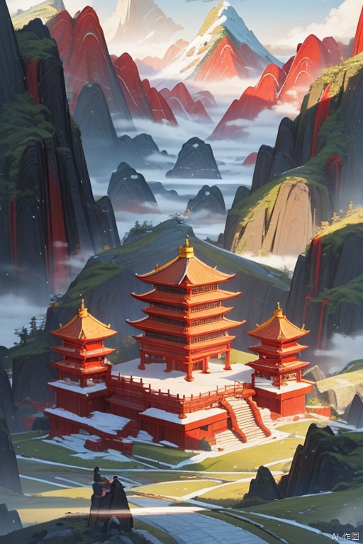 Miniature landscape, Chinese three-dimensional landscape painting, Zen aesthetics, Zen composition, Chinese architectural complex, red copper mine, ore crystallization, red mountains, flowing particles, macro lens, rich light, luminous mountains, mountains, clouds, minimalism, extreme details, incomparable details, film special effects, , cnss