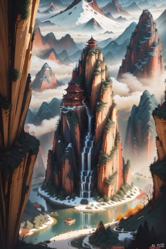 Miniature landscape, Chinese three-dimensional landscape painting, Zen aesthetics, Zen composition, Chinese architectural complex, red copper mine, ore crystallization, red mountains, flowing particles, macro lens, rich light, luminous mountains, mountains, clouds, minimalism, extreme details, incomparable details, film special effects, , cnss