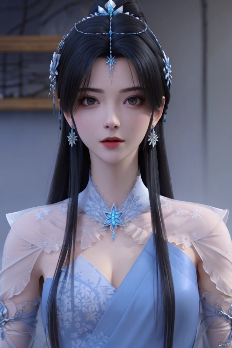  1girl, solo, long hair, looking at viewer, black hair, hair ornament, dress, jewelry, upper body, ponytail, earrings, blue dress,  light