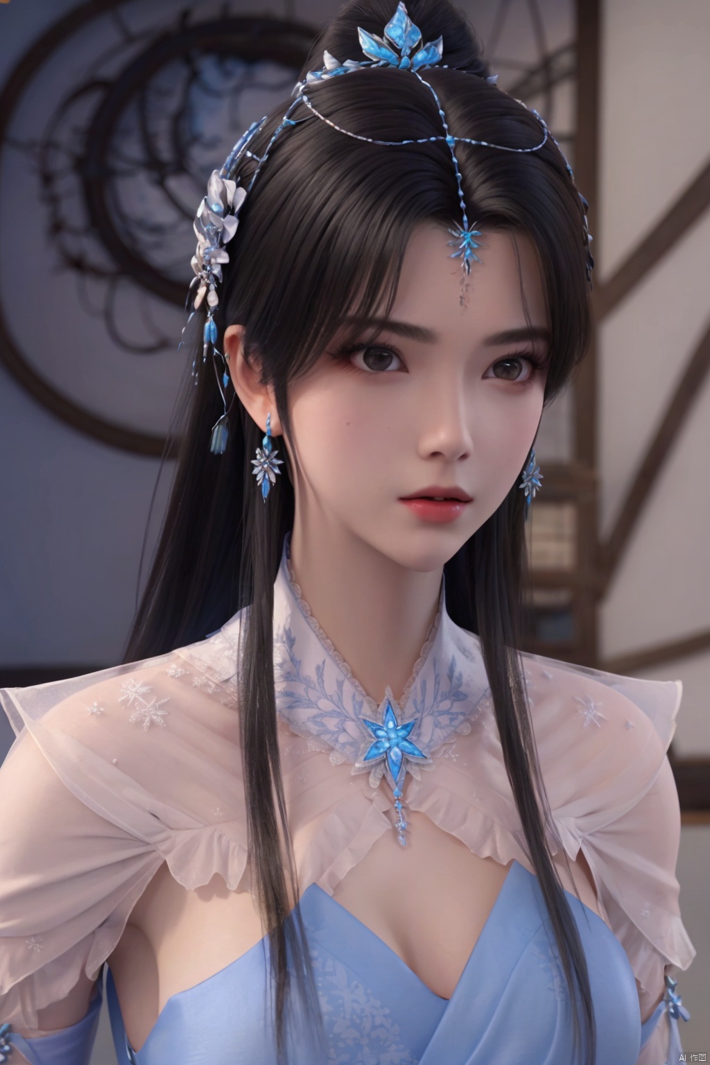 1girl, solo, long hair, looking at viewer, black hair, hair ornament, dress, jewelry, upper body, ponytail, earrings, blue dress, expressionless, light