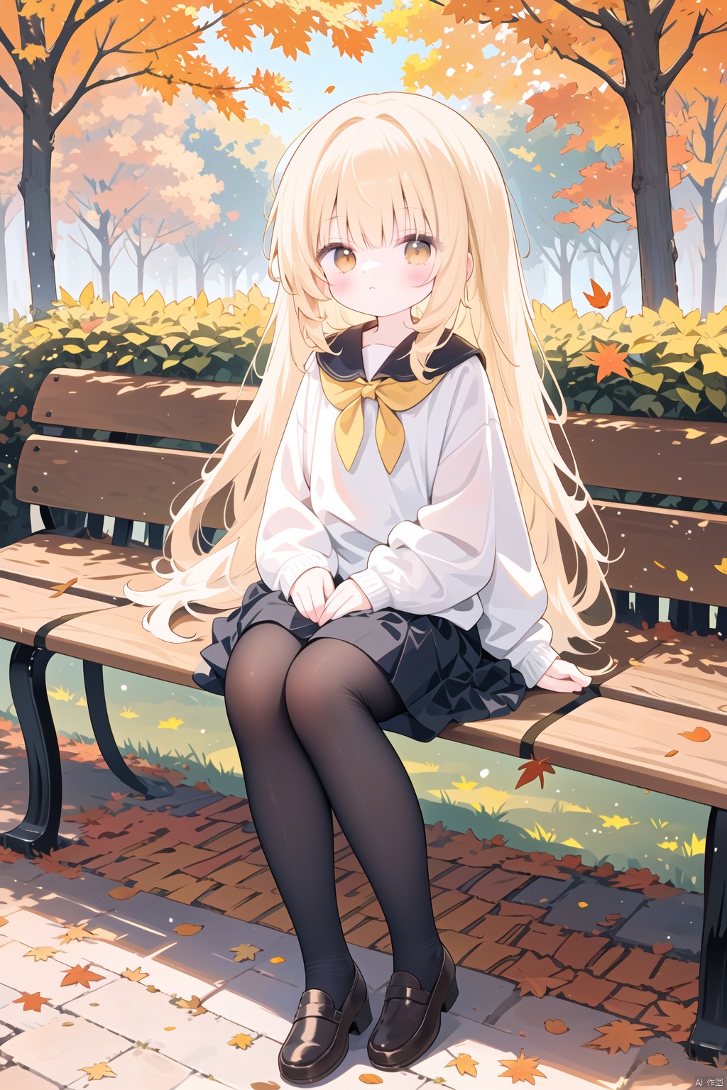  Autumn girl, park bench, falling leaves, autumn is getting stronger, delicate, lifelike, high definition, sunshine, mottled light and shadow, long golden hair and skirt, white shoes and pantyhose, autumn colors, quiet thinking , gentle and harmonious, carefully painted with details, touchable tenderness and autumn atmosphere, the girl blends with the park environment