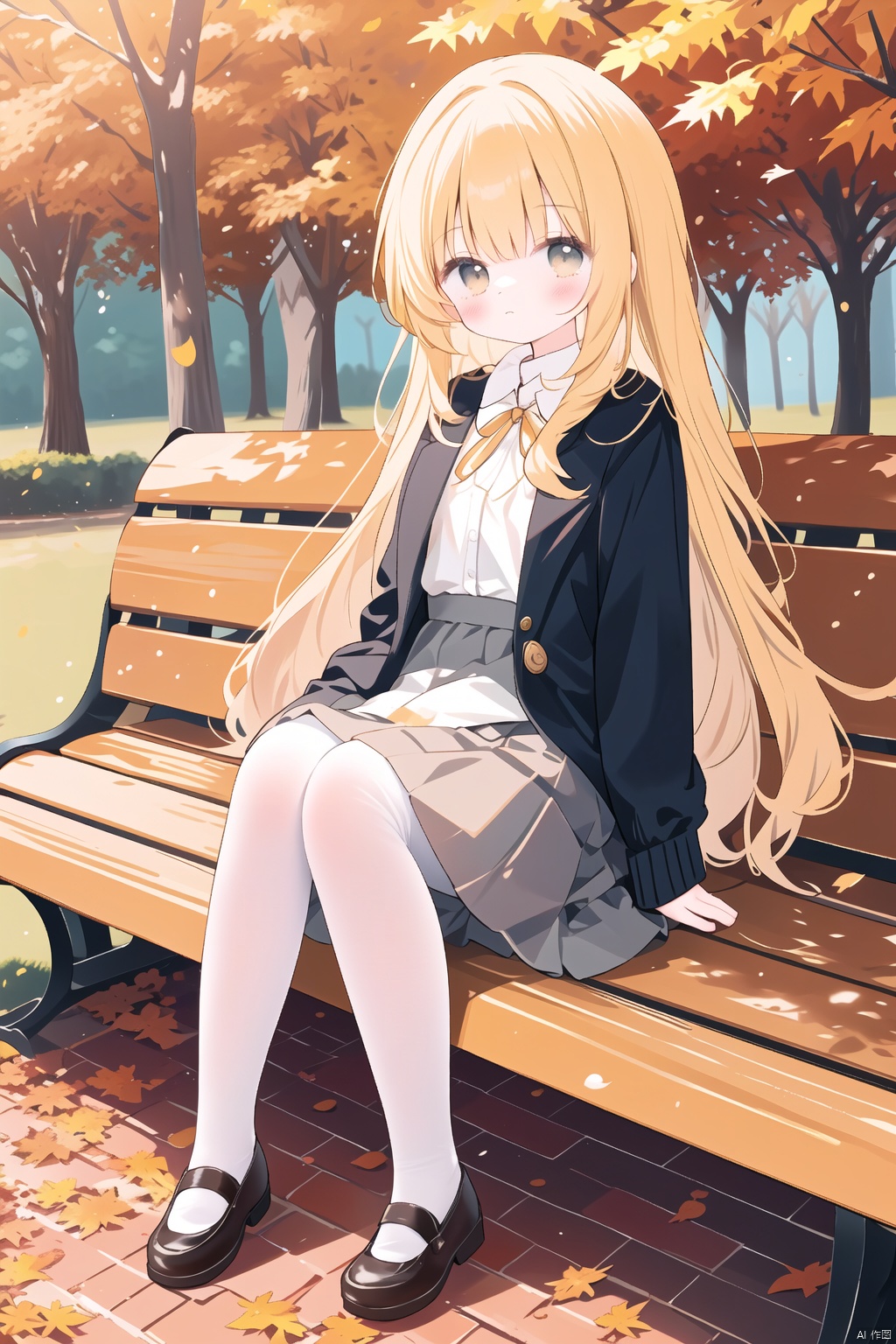  Autumn girl, park bench, falling leaves, autumn is getting stronger, delicate, lifelike, high definition, sunshine, mottled light and shadow, long golden hair and skirt, white shoes and pantyhose, autumn colors, quiet thinking , gentle and harmonious, carefully painted with details, touchable tenderness and autumn atmosphere, the girl blends with the park environment