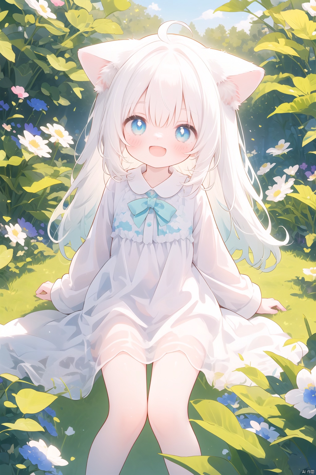 Girl, alone, loli style, animal ears, cat ears, cat tail, white hair, blue pupils, bright sunshine, happy expression, joyful atmosphere, cat ears drooping, grass, lush green, flowers blooming, bright colors, natural light and shadow.