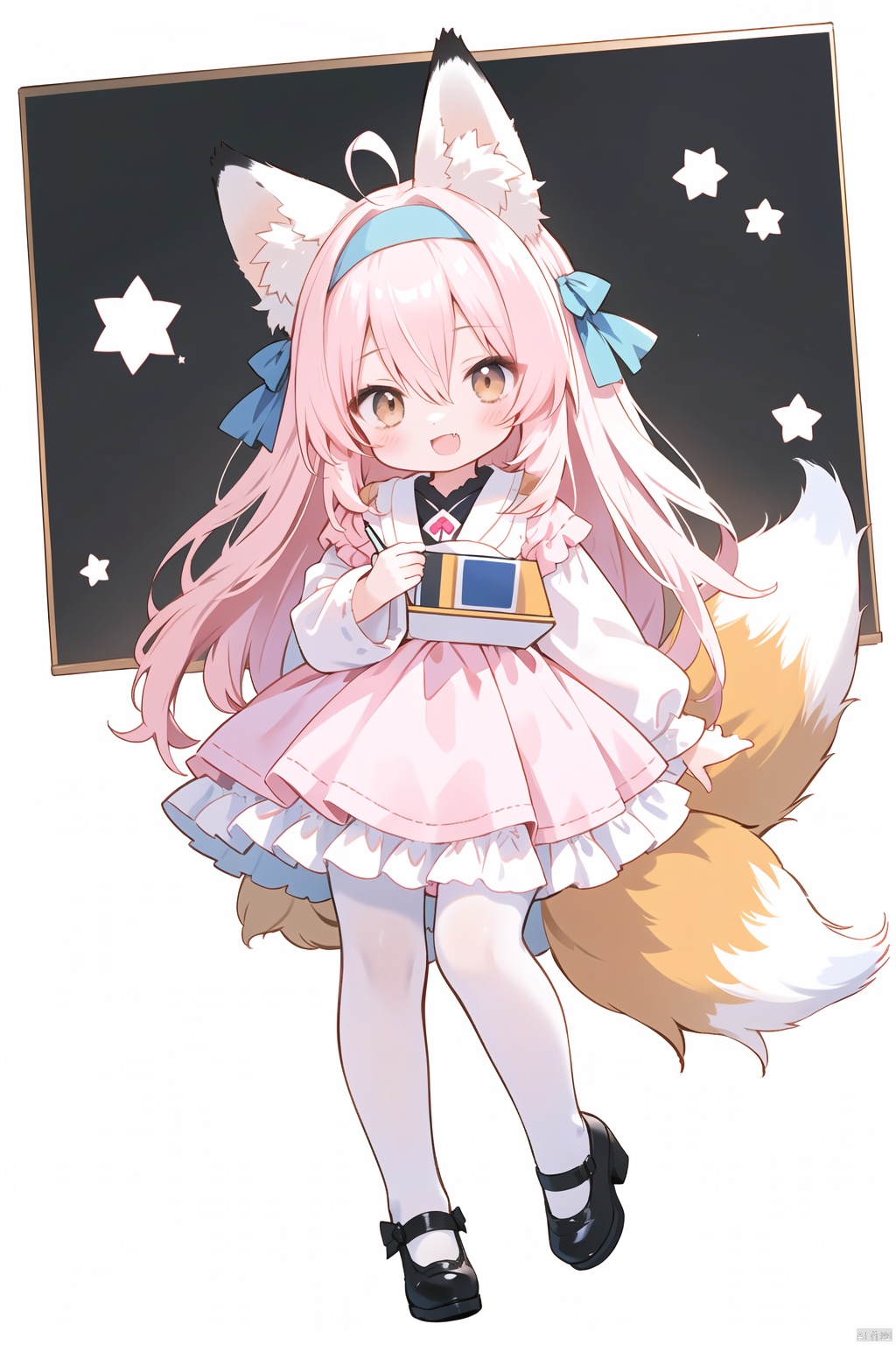  1girl, solo, long hair, looking at the audience, blushing, smiling, open mouth, bangs, skirt, shirt, long sleeves, dress, holding, animal ears, brown eyes, sitting, very long hair, tail, white shirt, pink hair, :d, headband, ruffles, fang, puffy sleeves, virtual youtuber, official alternate costume, sides up, blue skirt, animal ear fluff, fox ears, fox tail, fox girl, multiple tails, fluffy long sleeves, pen, blue headband, ruffled headband, kitsune,,,,,1girl, solo, long hair, looking at viewer, blush, bangs, skirt, blond hair, simple background, shirt, long sleeves, white background, holding, animal ears, hair between eyes, closed mouth, standing, tail ,full body, ahoge, white hair, pantyhose, multicolored hair, headband, shoes, alternative clothing, sides up, animal ear plush, fox ears, fox tail, fox girl, multiple tails, children, pink skirt, white pantyhose, blue shoes, white board, girl, blue headband, fox, kyuubi, holding white board, loli, 1girl